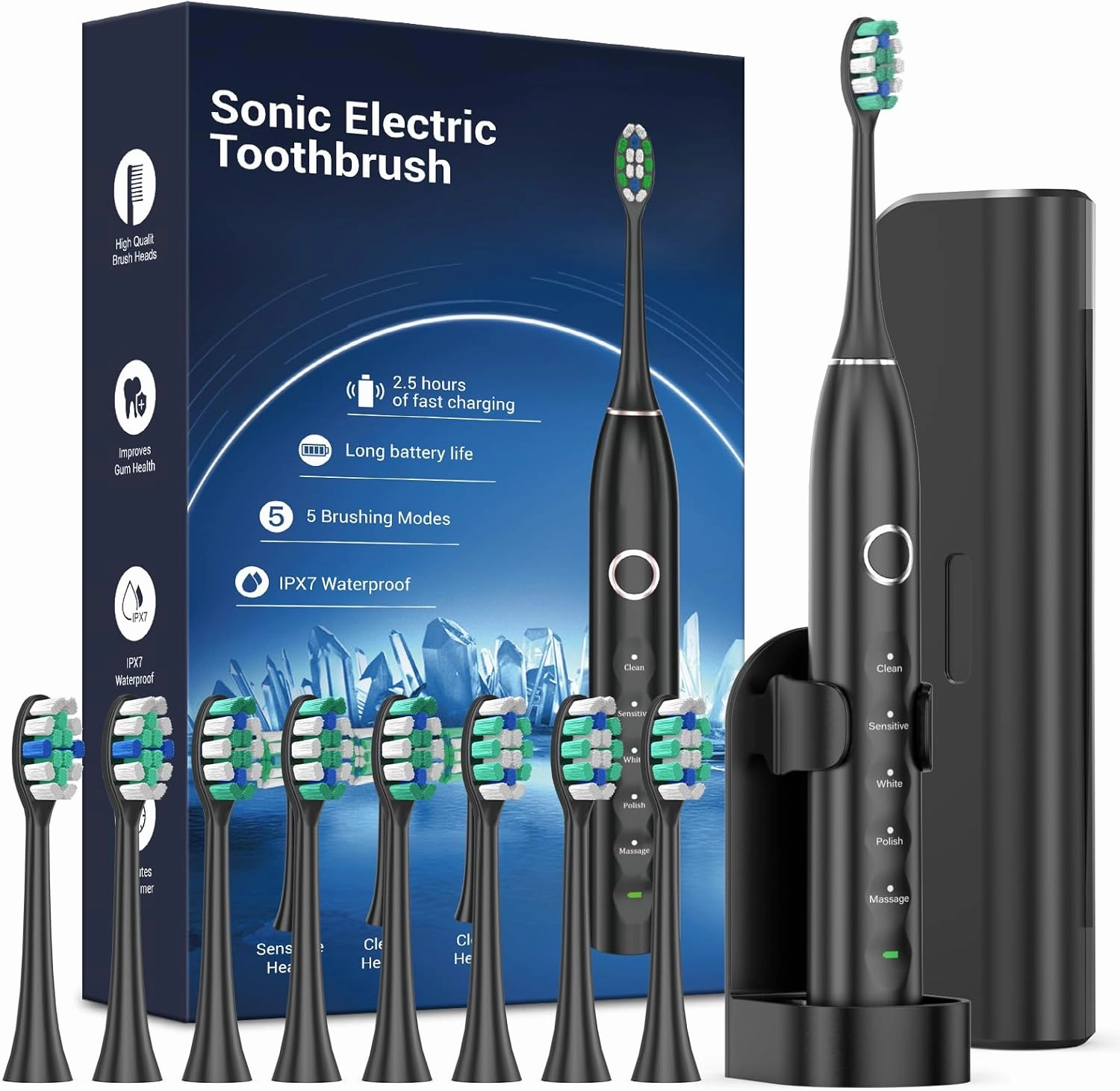 Rtauys S5 Upgraded Sonic Electric Toothbrush for Adults and Kids Ages 12  with 8 Brush Heads, IPX7 Travel Toothbrush with Case, 2.5 Hours Charge for 120 Days, 5 Modes with Built-in Smart Timer Black