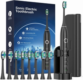 Rtauys S5 Upgraded Sonic Electric Toothbrush for Adults and Kids Ages 12  with 8 Brush Heads, IPX7 Travel Toothbrush with Case, 2.5 Hours Charge for 120 Days, 5 Modes with Built-in Smart Timer Black