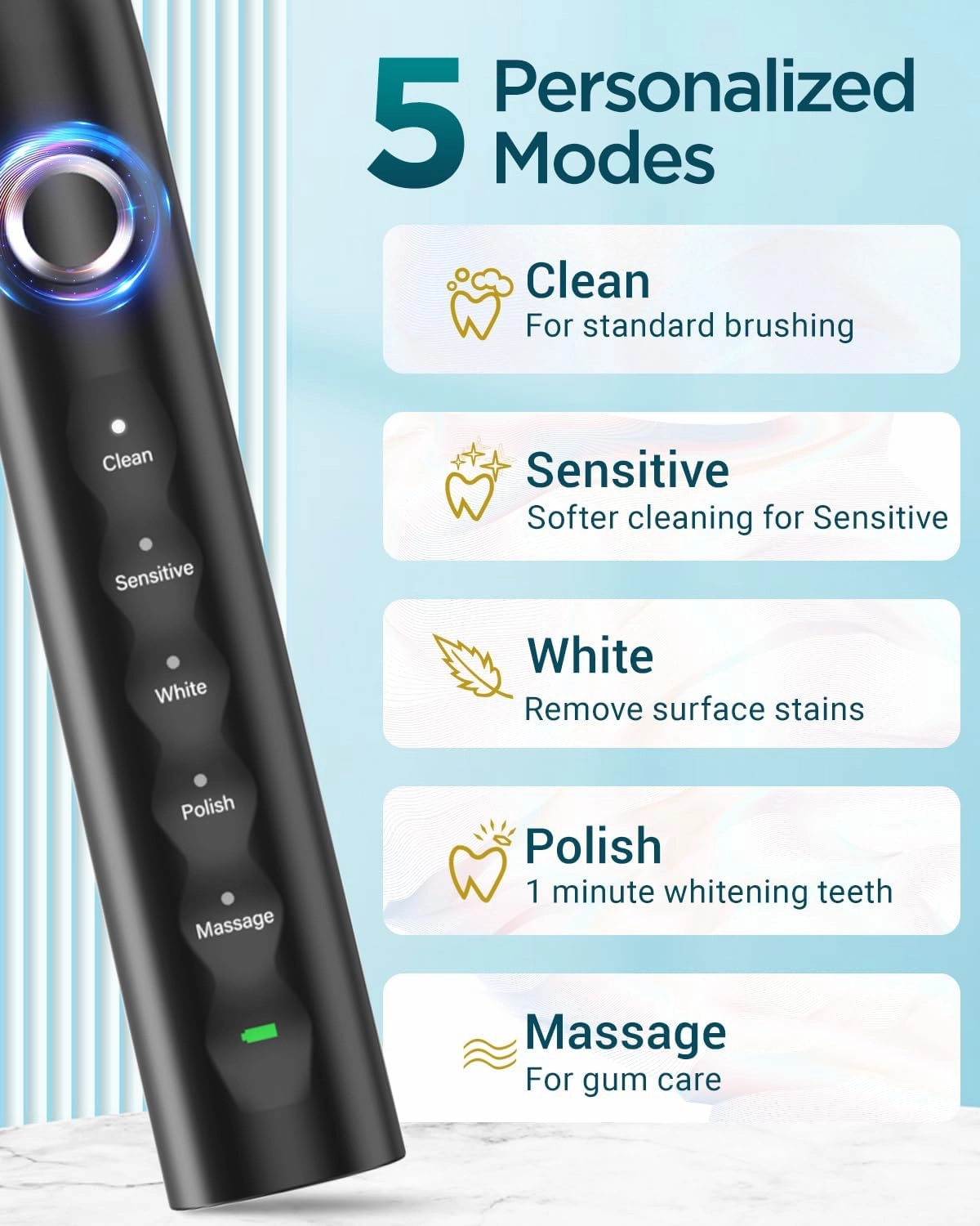 Rtauys S5 Upgraded Sonic Electric Toothbrush for Adults and Kids Ages 12  with 8 Brush Heads, IPX7 Travel Toothbrush with Case, 2.5 Hours Charge for 120 Days, 5 Modes with Built-in Smart Timer Black