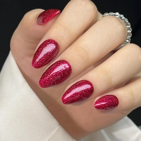 RTKHFZE Press On Nails Short - Almond Press on Nails, Red Soft Gel Fake Nail with Fine Glitters,Supremely Fit & Natural Press on False Nails,Reusable Glue On Nails in 16 Sizes,Red