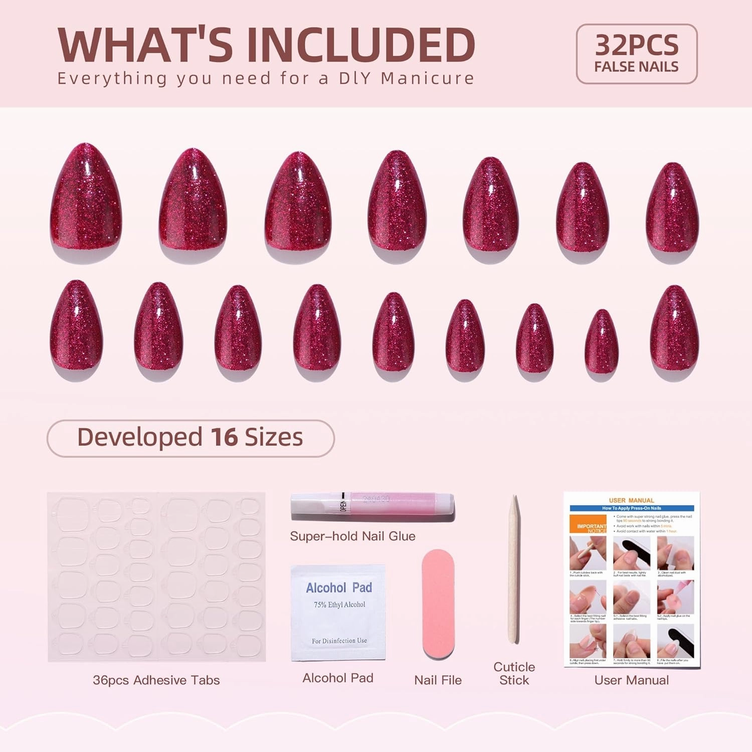 RTKHFZE Press On Nails Short - Almond Press on Nails, Red Soft Gel Fake Nail with Fine Glitters,Supremely Fit & Natural Press on False Nails,Reusable Glue On Nails in 16 Sizes,Red
