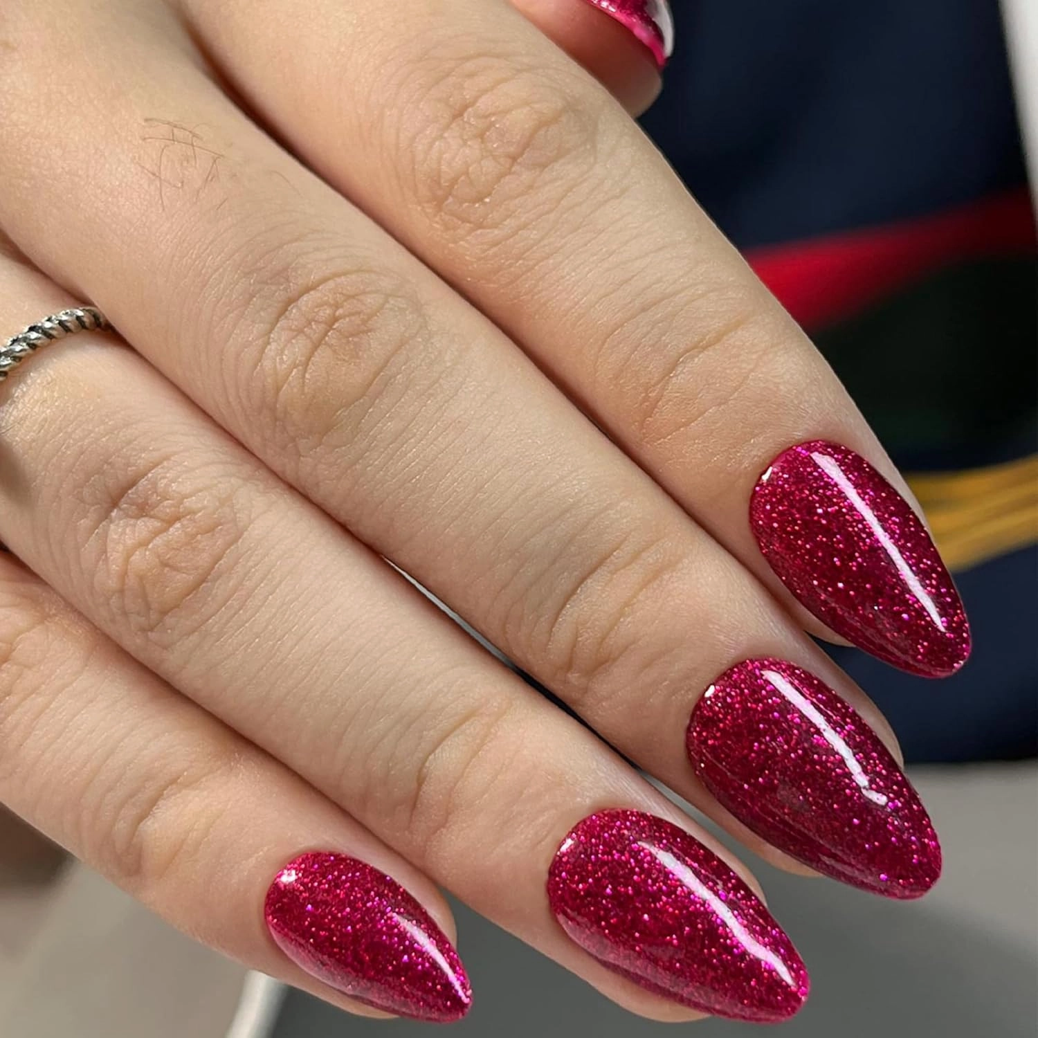RTKHFZE Press On Nails Short - Almond Press on Nails, Red Soft Gel Fake Nail with Fine Glitters,Supremely Fit & Natural Press on False Nails,Reusable Glue On Nails in 16 Sizes,Red
