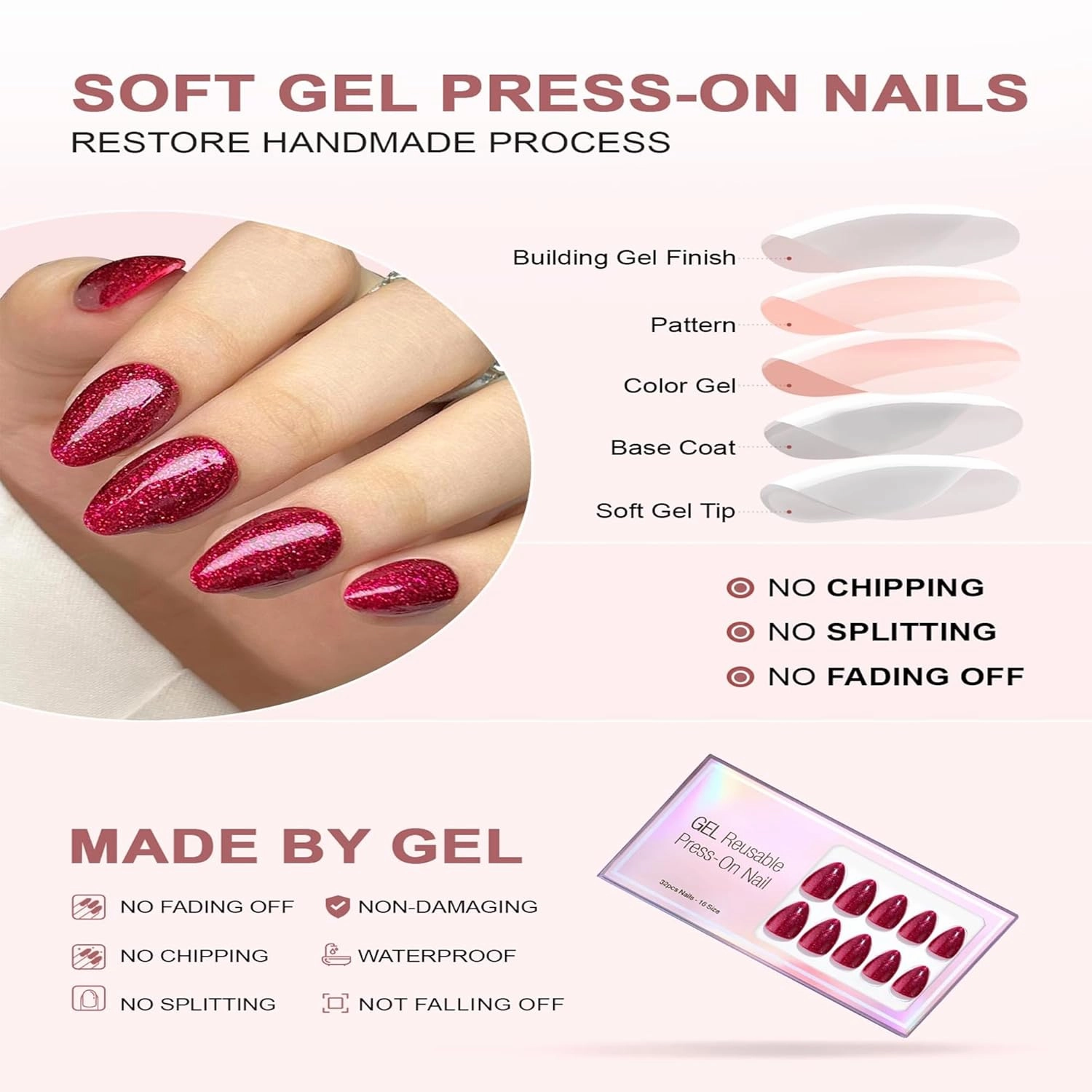 RTKHFZE Press On Nails Short - Almond Press on Nails, Red Soft Gel Fake Nail with Fine Glitters,Supremely Fit & Natural Press on False Nails,Reusable Glue On Nails in 16 Sizes,Red