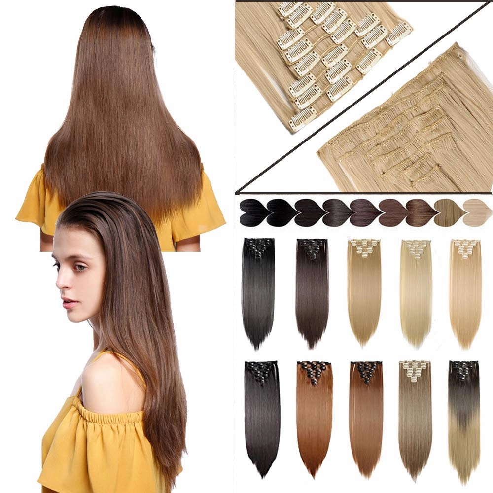 S-noilite 26" Honey Blonde Long Straight Full Head 8 Pcs 18 Clip in Hair Extensions Real Thick Synthetic Hairpieces Party Highlights Pure Ombre Color for Girl Women Girls