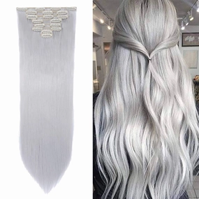 S-noilite® 26" Long Straight Curly Silver Gray 8 Pieces Clip in on Hair Extensions Full Head Set Thick Hairpiece Synthetic Hair Extensions for Girl Lady Women USA Local Post