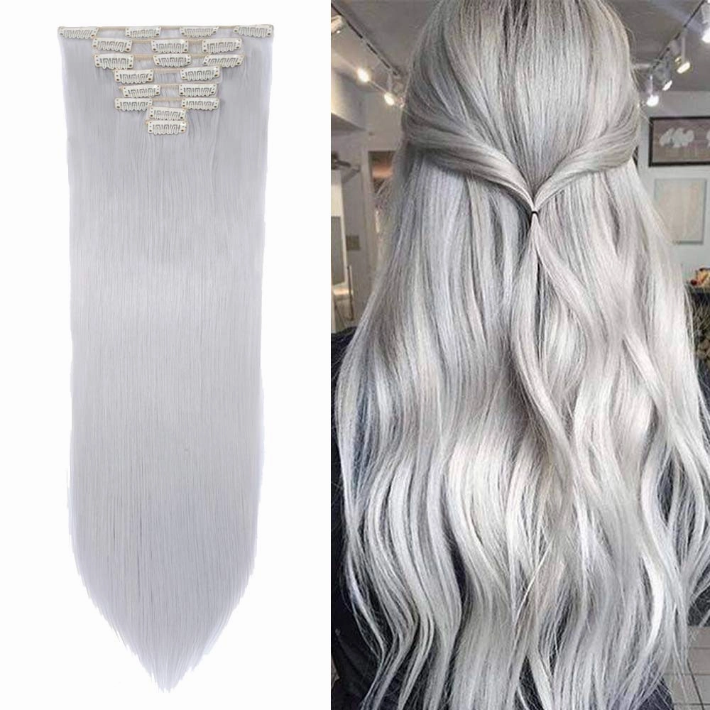 S-noilite® 26" Long Straight Curly Silver Gray 8 Pieces Clip in on Hair Extensions Full Head Set Thick Hairpiece Synthetic Hair Extensions for Girl Lady Women USA Local Post