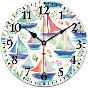 Sailboat Colorful Cute Wall Clock Silent Non-Ticking Battery Operated Wooden Clock Decoration for Home Office Living Room