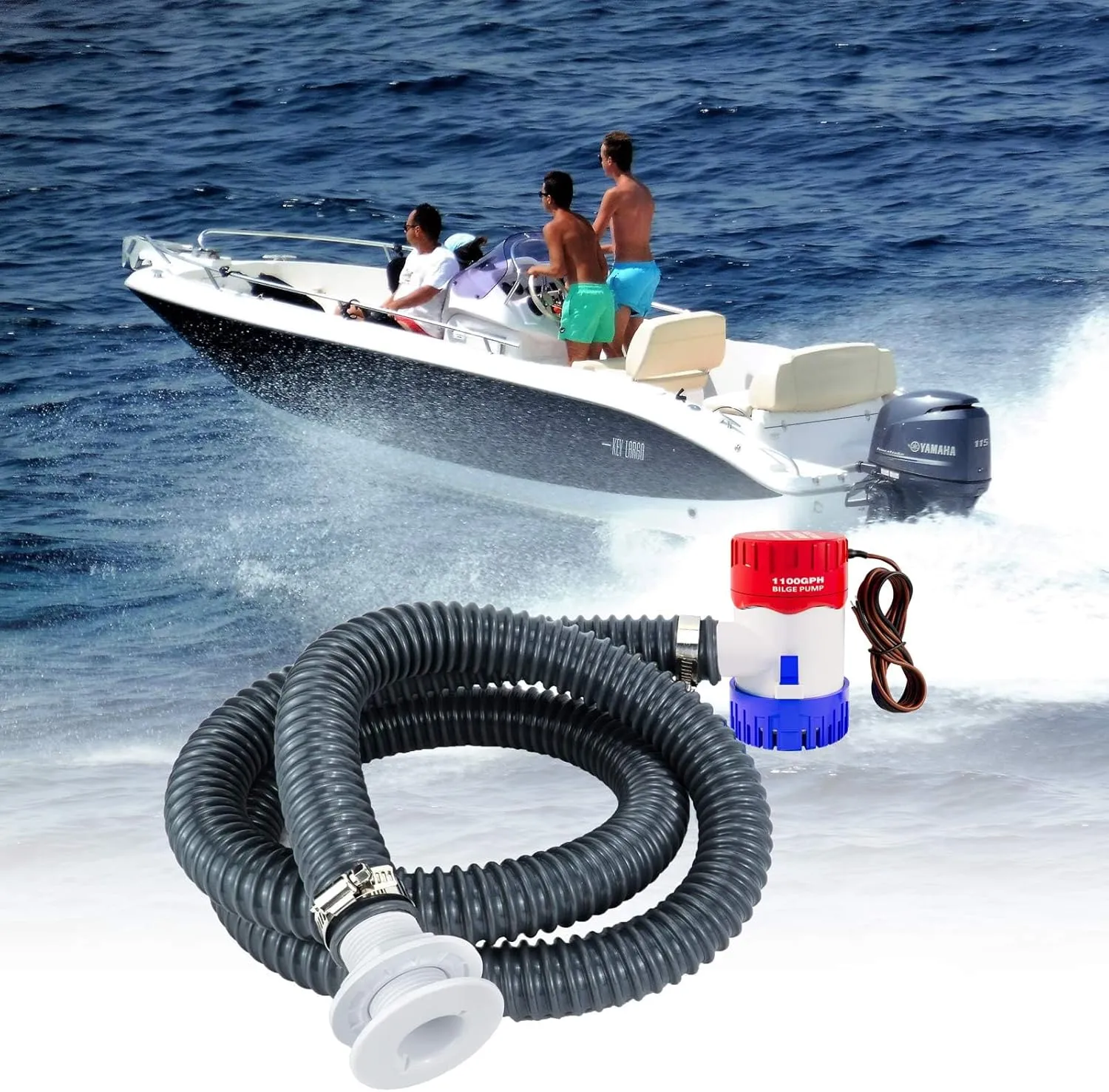 Sanuke 1-1/8 Inch Boat Bilge Pumping Kit, 1100gph Bilge Marine 12V Water Pump with 6 FT Kink-free PVC Hose, 2 Clamps and Thru-Hull Fitting, Submersible Bilge Pumps for Boats Kayak Cruisers