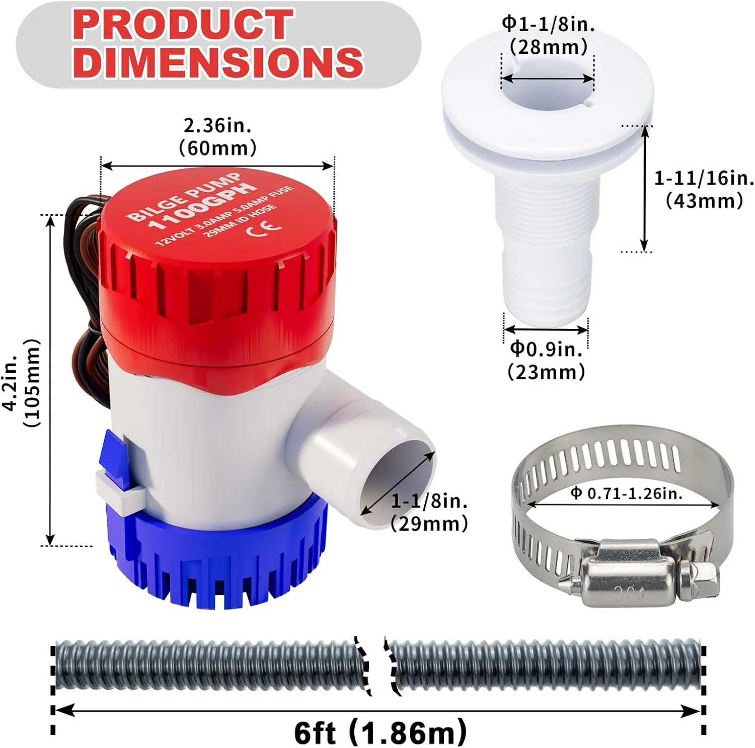 Sanuke 1-1/8 Inch Boat Bilge Pumping Kit, 1100gph Bilge Marine 12V Water Pump with 6 FT Kink-free PVC Hose, 2 Clamps and Thru-Hull Fitting, Submersible Bilge Pumps for Boats Kayak Cruisers