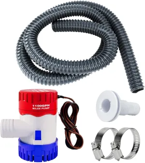 Sanuke 1-1/8 Inch Boat Bilge Pumping Kit, 1100gph Bilge Marine 12V Water Pump with 6 FT Kink-free PVC Hose, 2 Clamps and Thru-Hull Fitting, Submersible Bilge Pumps for Boats Kayak Cruisers