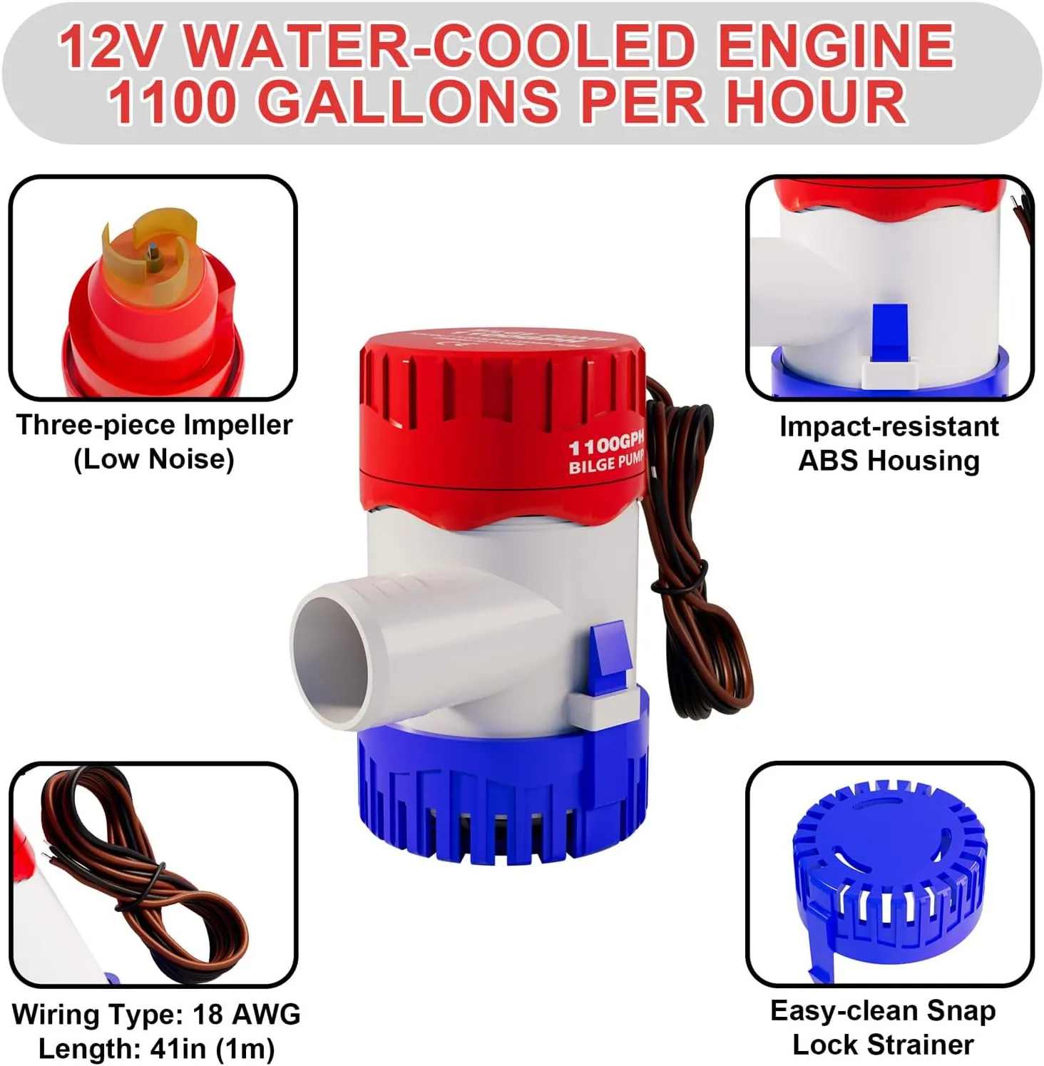 Sanuke 1-1/8 Inch Boat Bilge Pumping Kit, 1100gph Bilge Marine 12V Water Pump with 6 FT Kink-free PVC Hose, 2 Clamps and Thru-Hull Fitting, Submersible Bilge Pumps for Boats Kayak Cruisers