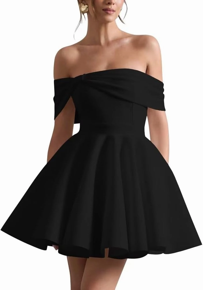 Satin Wedding Dresses for Bride Off Shoulder Bowknot Short Homecoming Dresses for Teens Puffy Sleeve Prom Party Gown