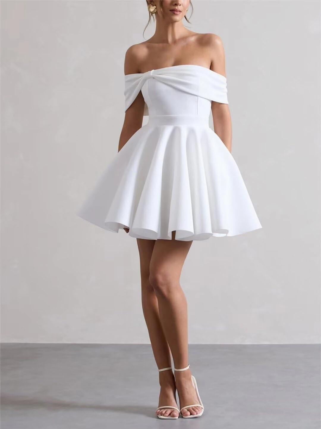 Satin Wedding Dresses for Bride Off Shoulder Bowknot Short Homecoming Dresses for Teens Puffy Sleeve Prom Party Gown