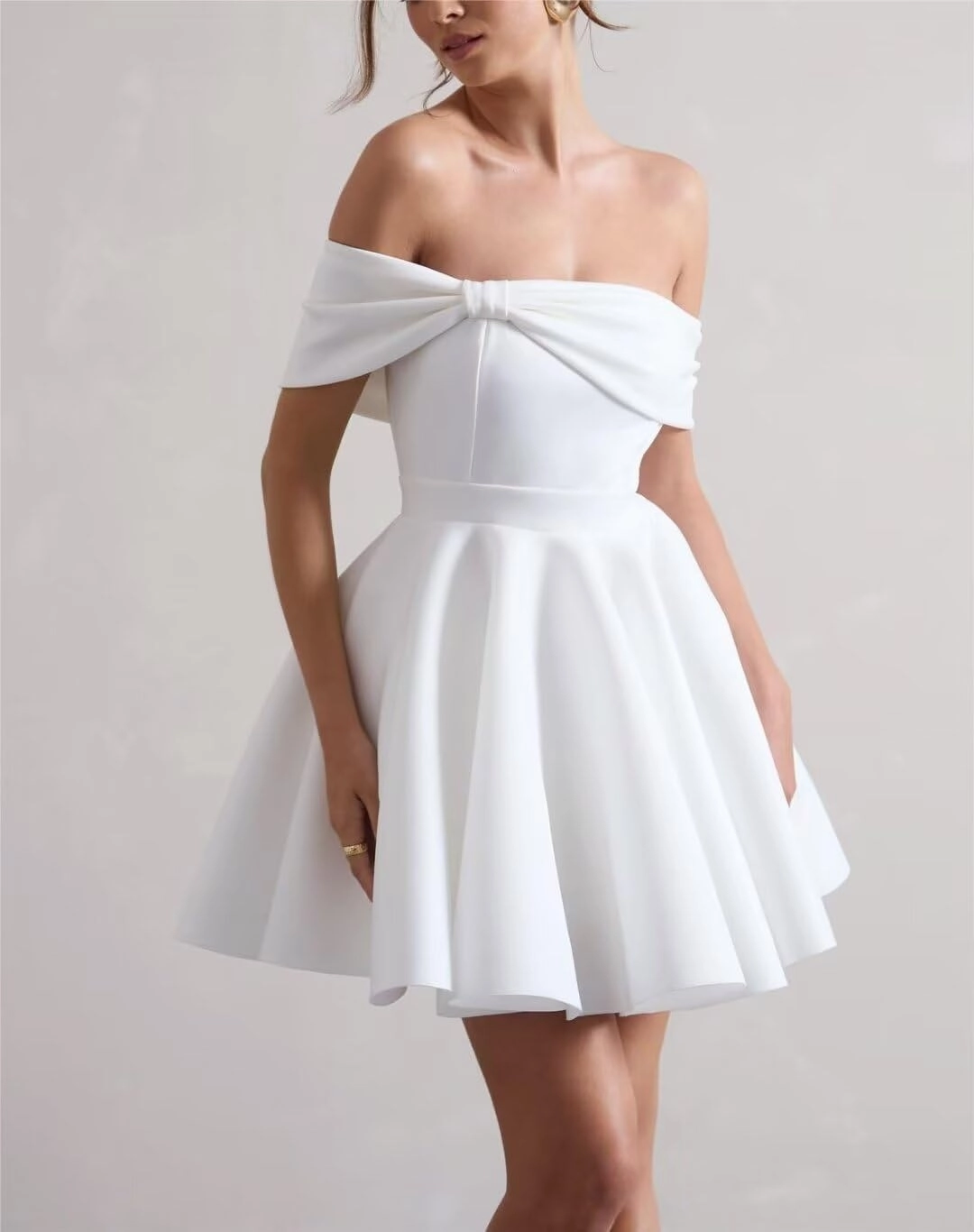 Satin Wedding Dresses for Bride Off Shoulder Bowknot Short Homecoming Dresses for Teens Puffy Sleeve Prom Party Gown