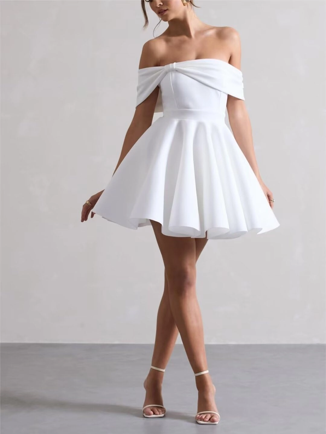 Satin Wedding Dresses for Bride Off Shoulder Bowknot Short Homecoming Dresses for Teens Puffy Sleeve Prom Party Gown