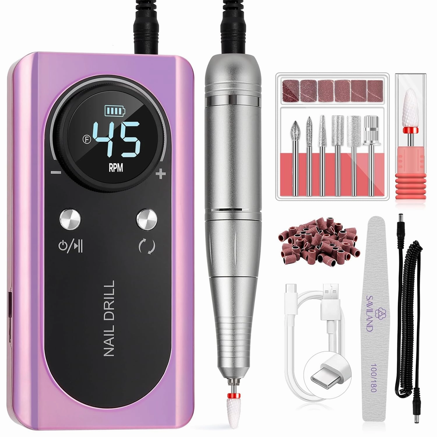 SAVILAND Electric Nail Drill Professional : 45000 RPM Pro Electric Nail File for Acrylic Nails Gel Polishing Removing, Portable Nail Drill for Manicure Pedicure, Nail Kit for Salon Nail Tech Must Have
