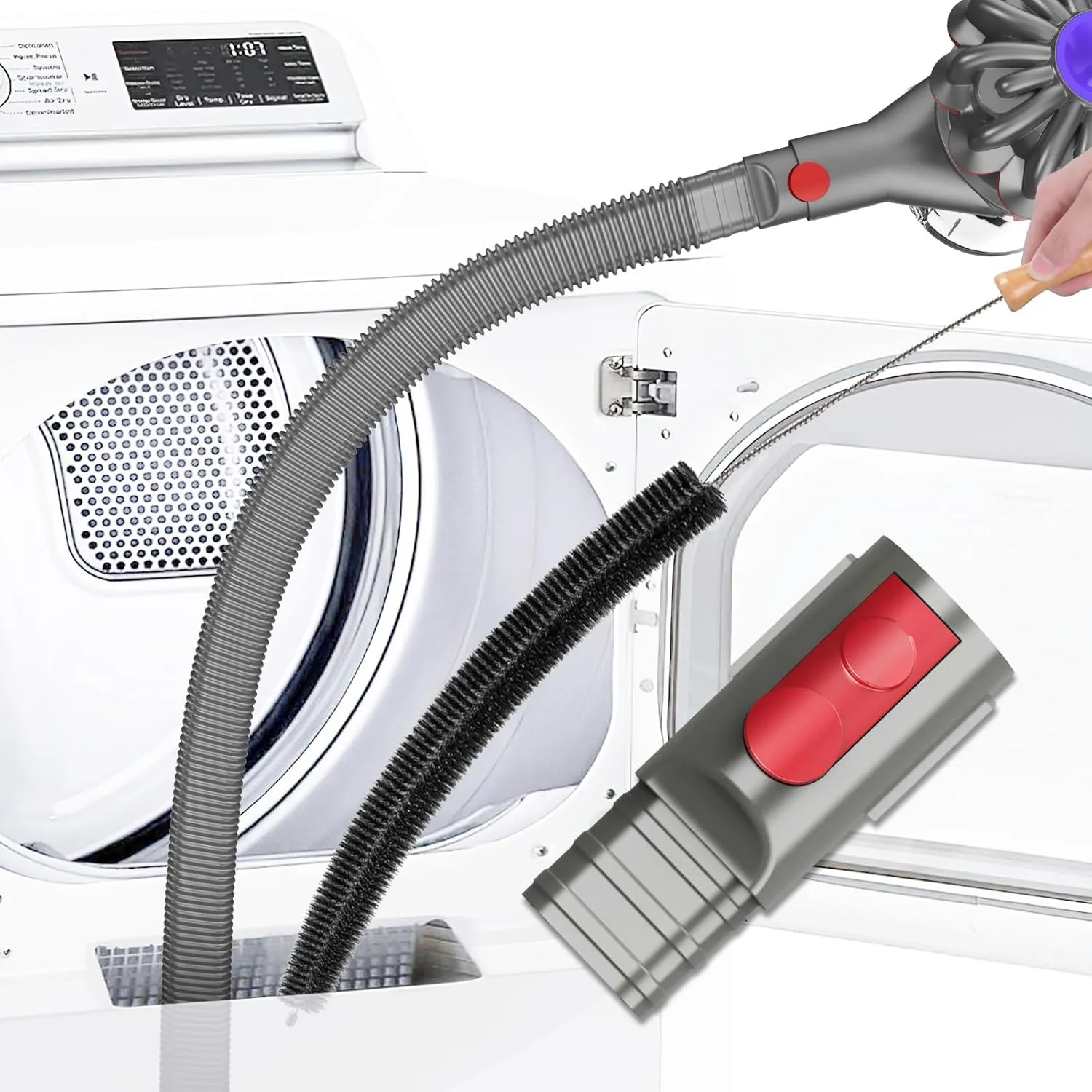 Sealegend 2 Pieces Dryer Vent Cleaner Kit Compatible with Dyson V7 V8 V10 V11 V15 or Higher Models and Dryer Lint Brush Vacuum Hose Attachment Power Lint Remover Refrigerator Coil Brush, Grey