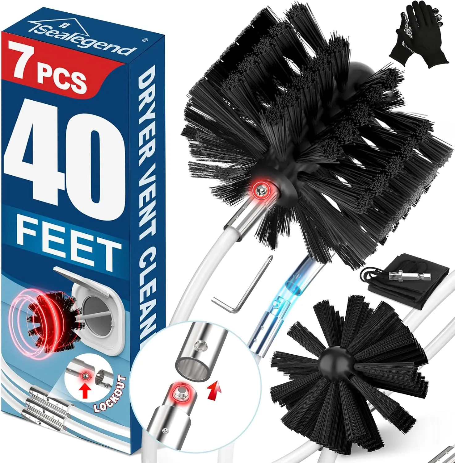 Sealegend 40 FEET Dryer Vent Cleaner Kit, 2 Pack Lint Brush with Drill Attachment, Extends Up to 40 Feet Flexible Rods with Storage Bag, Fireplace Chimney Brushes