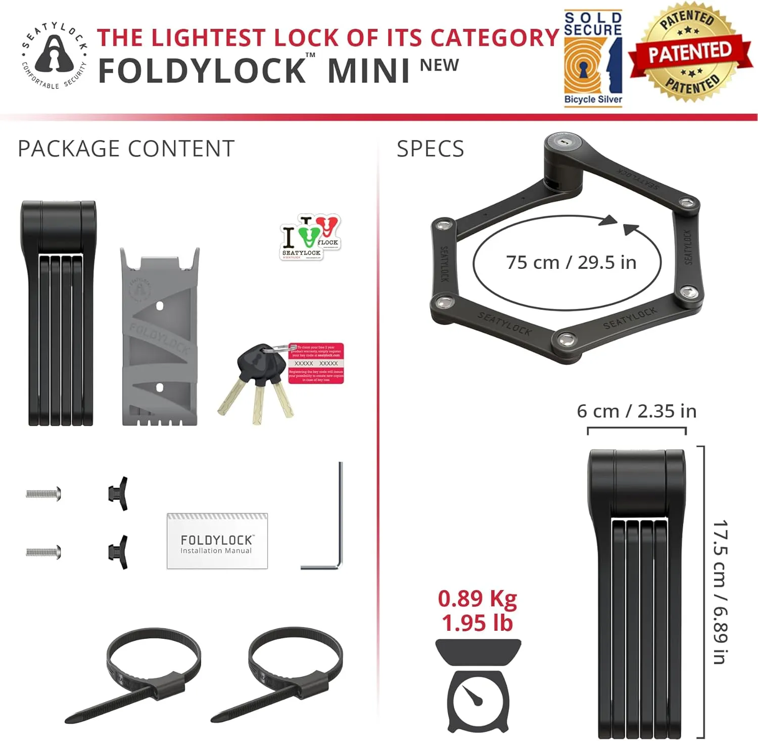 Seatylock FoldyLock Mini Folding Bike Lock - Patented Lightweight Bicycle Lock - Heavy Duty Anti Theft Guard with Key for Electric Scooter & City Bikes