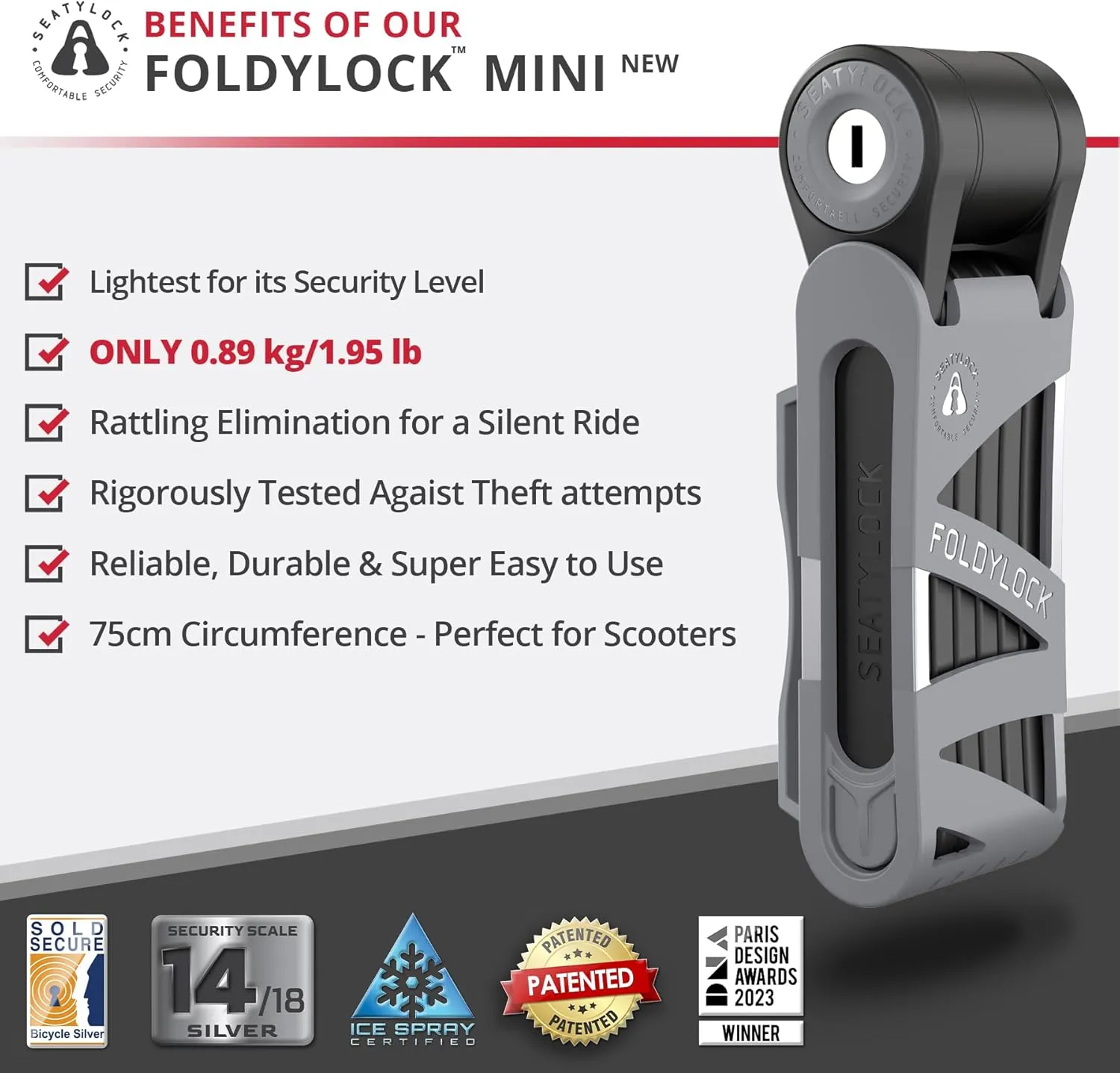 Seatylock FoldyLock Mini Folding Bike Lock - Patented Lightweight Bicycle Lock - Heavy Duty Anti Theft Guard with Key for Electric Scooter & City Bikes