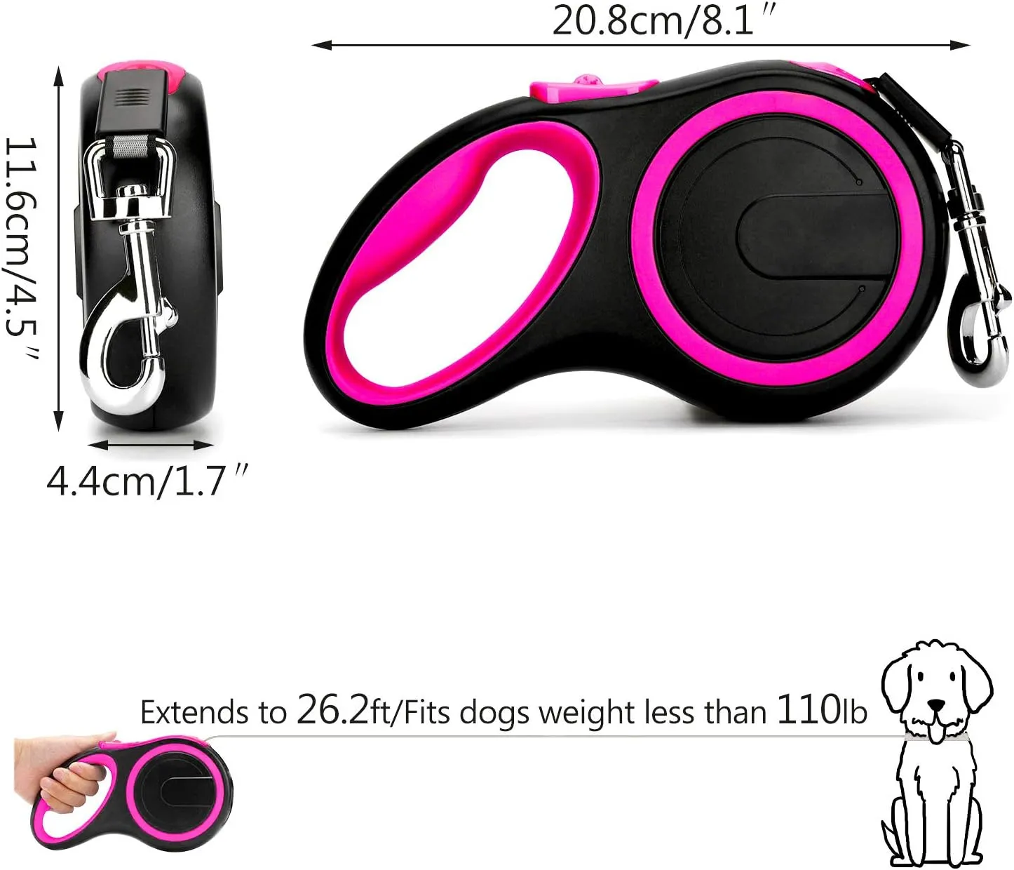 Segarty 26ft Dog Leash Retractable, Dog Leads Long for Medium Large Breed Pets Up to 110Lbs, No Tangle Nylon Tape and 1 Button Break & Lock Heavy Duty Leash for Training Running, Pink