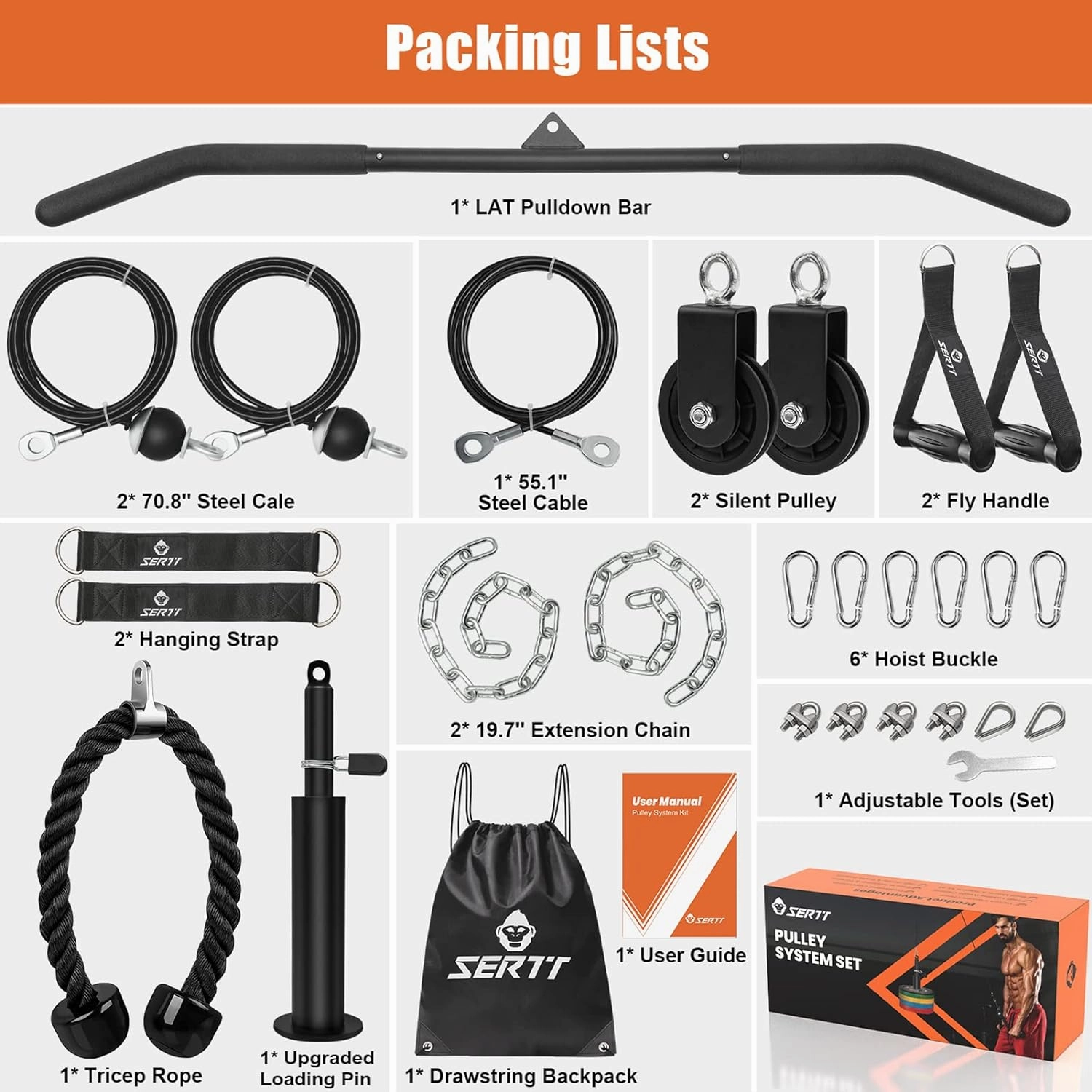 SERTT Home Gym Pulley System - Tricep Workout, Lat Pulldown, Biceps Curl, Triceps, Shoulders, Back, Forearm, Weight Cable for Squat Rack, Garage