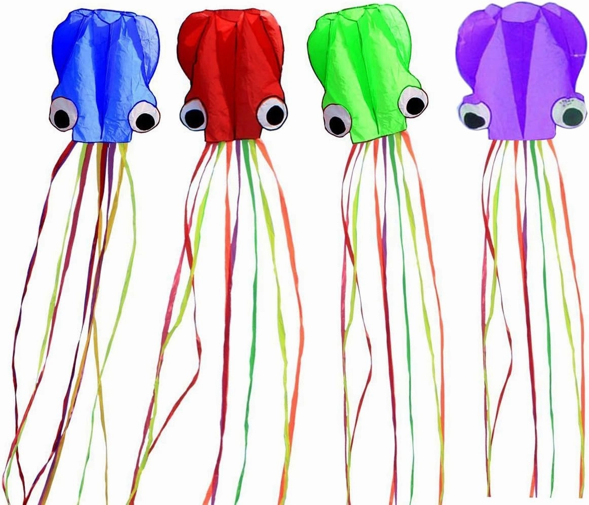 Set of 4 Large 157.5" High Cartoon Big Round Eyes Octopus Kites with Colorful Ribbon and Kite Board with 98.4 Foot String for Kids Toy Enjoy Parent-Child Time Beach Park Outdoor