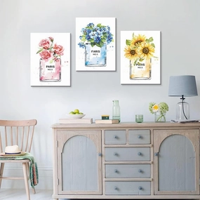 SEVEN WALL ARTS Fashion Perfume Glam Canvas Wall Art 3 Piece Perfume Bottle Poster Set with Flowers Painting Stretched Colorful Picture for Girl's Bedroom Bathroom Makeup Room Home Décor 12"x16"
