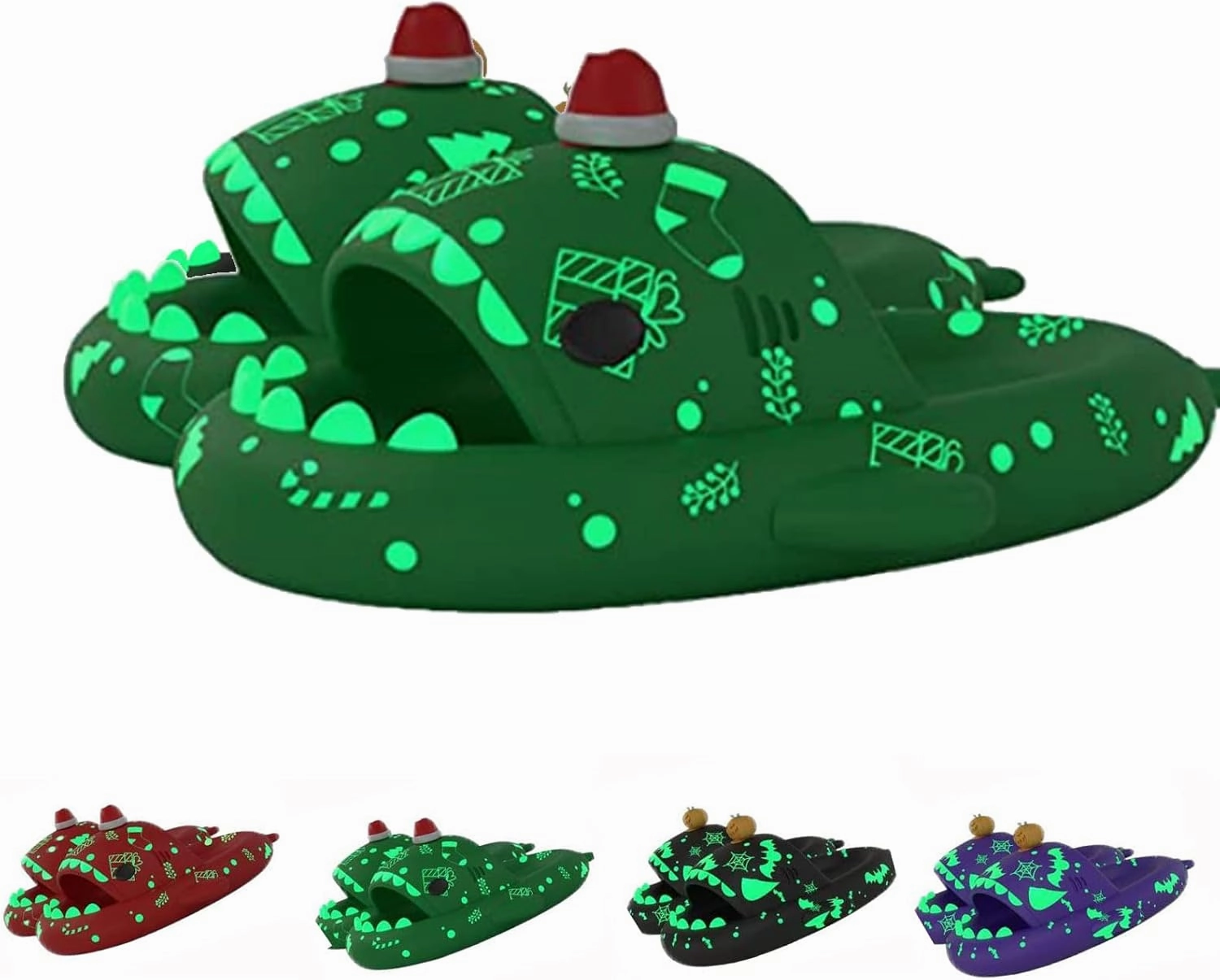 Shark Slides Glow in the Dark, Christmas Shark Slides, Santa Shark Slides, 3D Cartoon Spooky Cloudy Shark Slippers