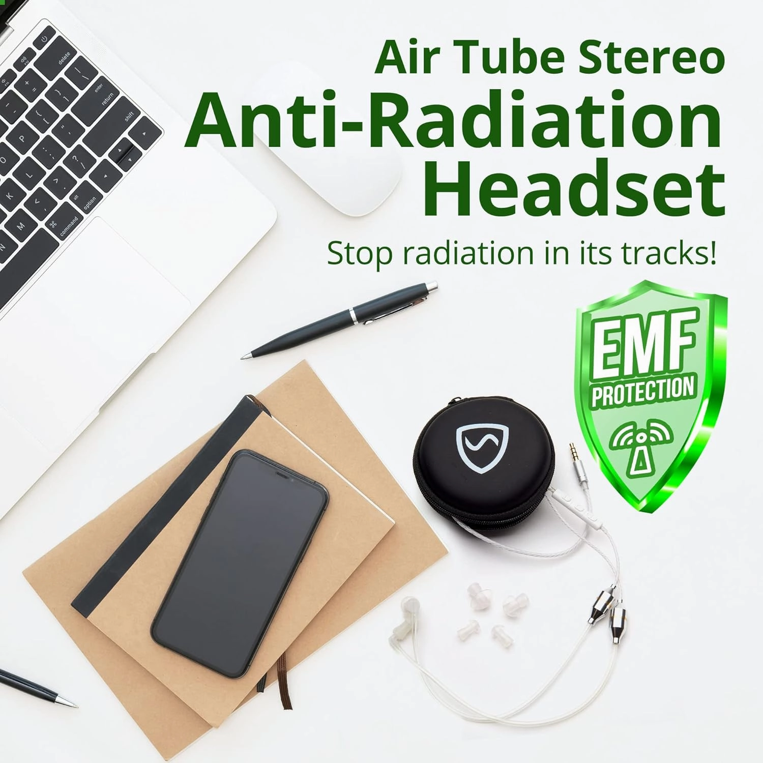 Shield Your Body Air Tube Headset, Stereo Earbuds with Microphone and Case, Wired Anti Radiation Headphones, Built-in Controls, Works on Any Device with A Standard 3.5mm Audio Jack, White