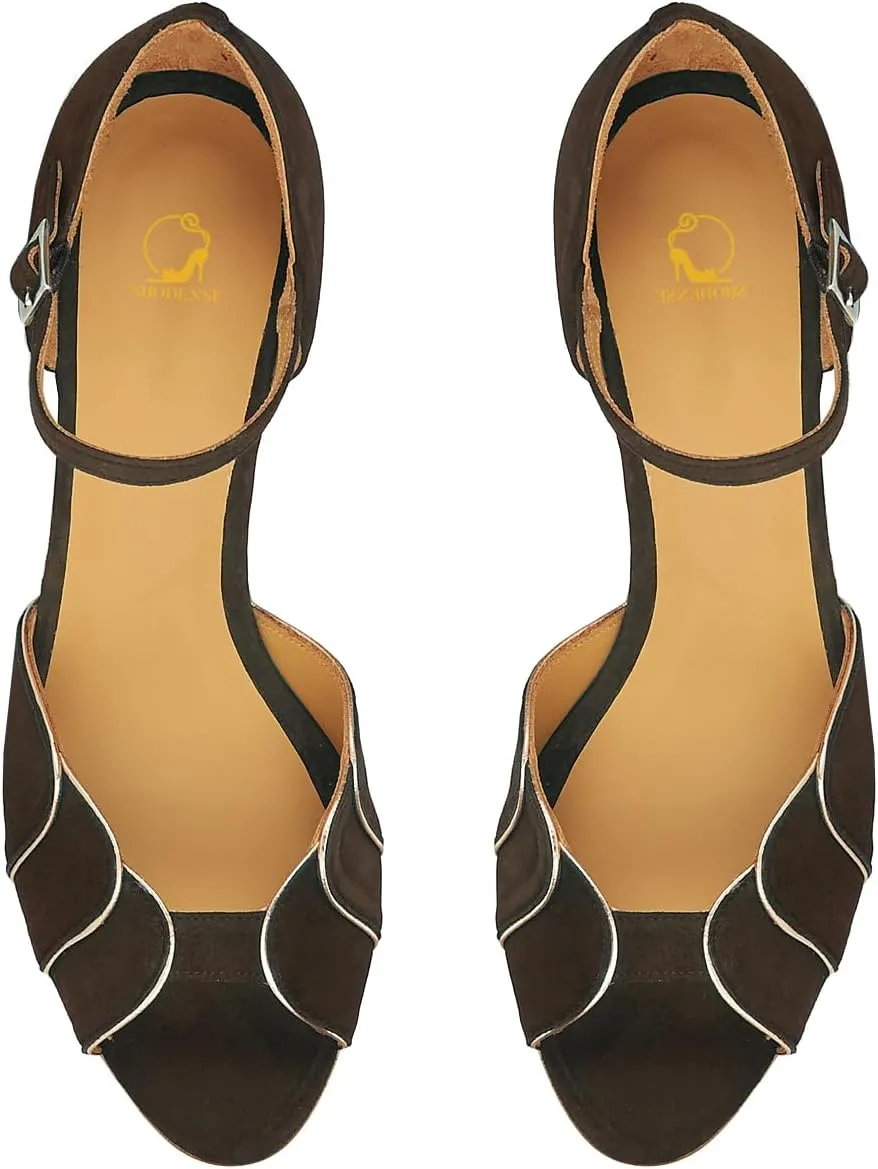 SHODENSE Women Kitten Heel Sandals Pumps Ankle Strap Open Peep Toe Suede Dress Shoes Cutout Stiletto Mid Heels Pointed Toe Pump Patchwork Buckle Gold Edge Office Wedding Party Dancing Shoe 4-11 M US