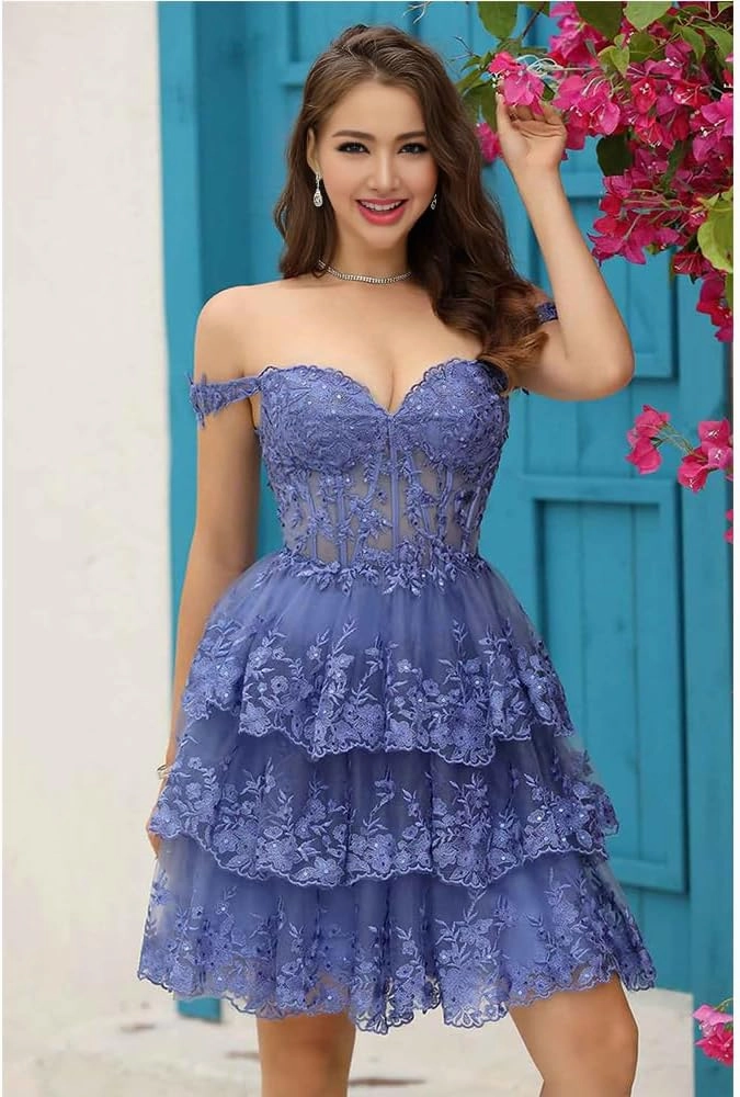 Short Graduation Dress Off Shoulder Corset Strapless Tiered Homecoming Dress