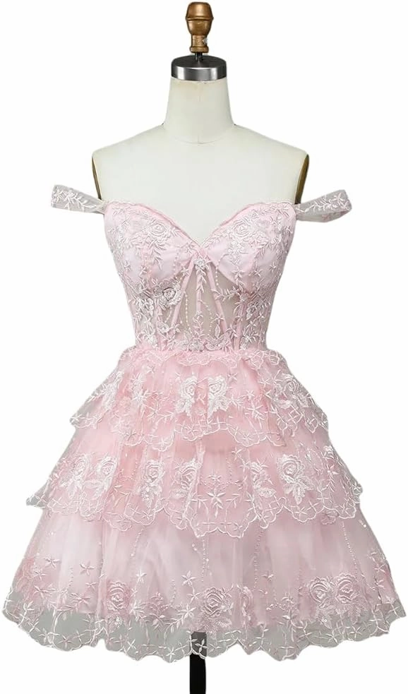 Short Graduation Dress Off Shoulder Corset Strapless Tiered Homecoming Dress