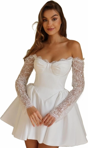 Short Wedding Dresses for Bride Boho Long Sleeve Lace Strapless Tulle Mini Tight Bridal Dress for Bride