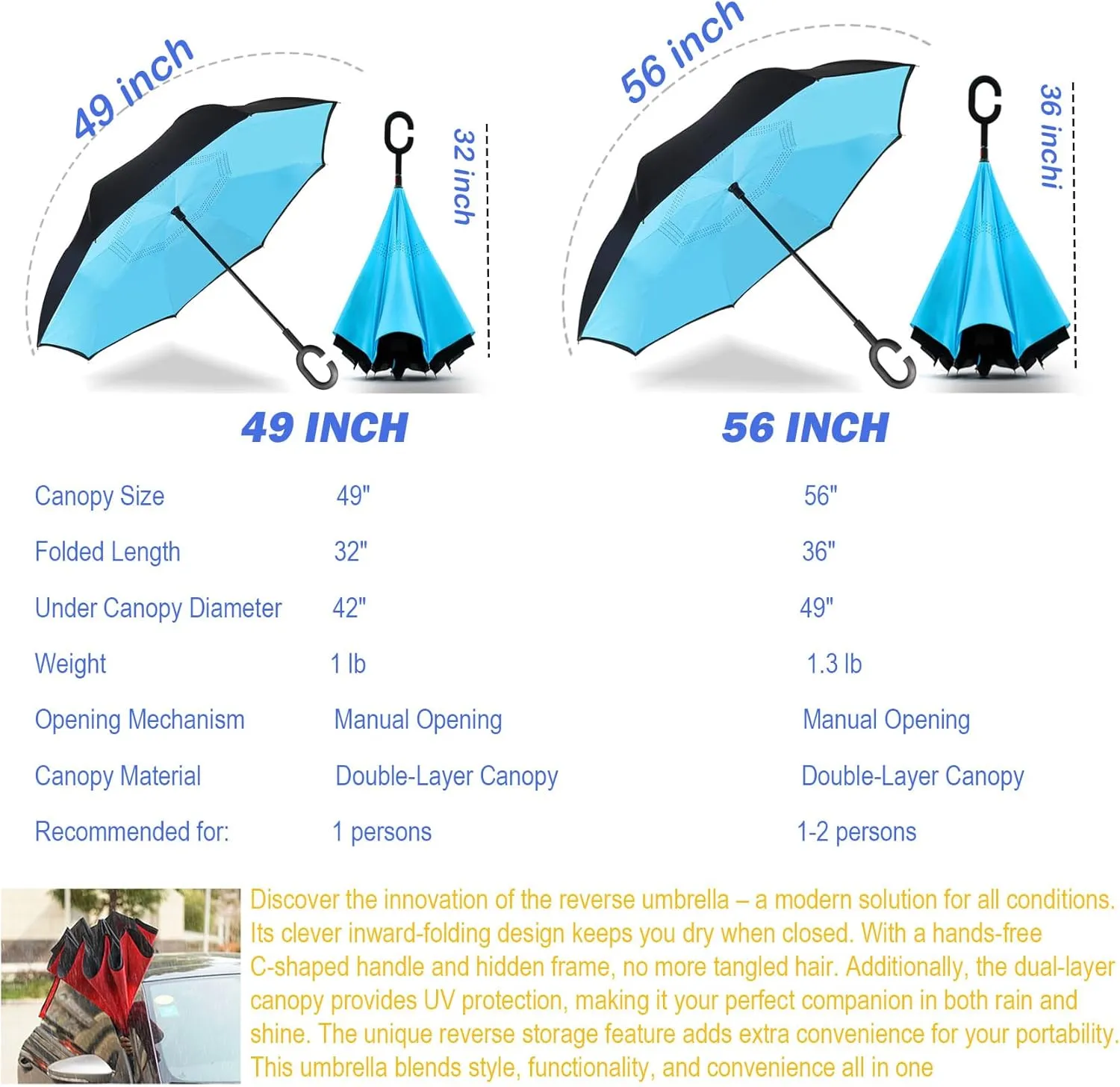 SIEPASA 49/56 Inch Inverted Reverse Upside Down Umbrella, Extra Large Double Canopy Vented Windproof Waterproof Stick Golf Umbrellas with C-shape Handle.
