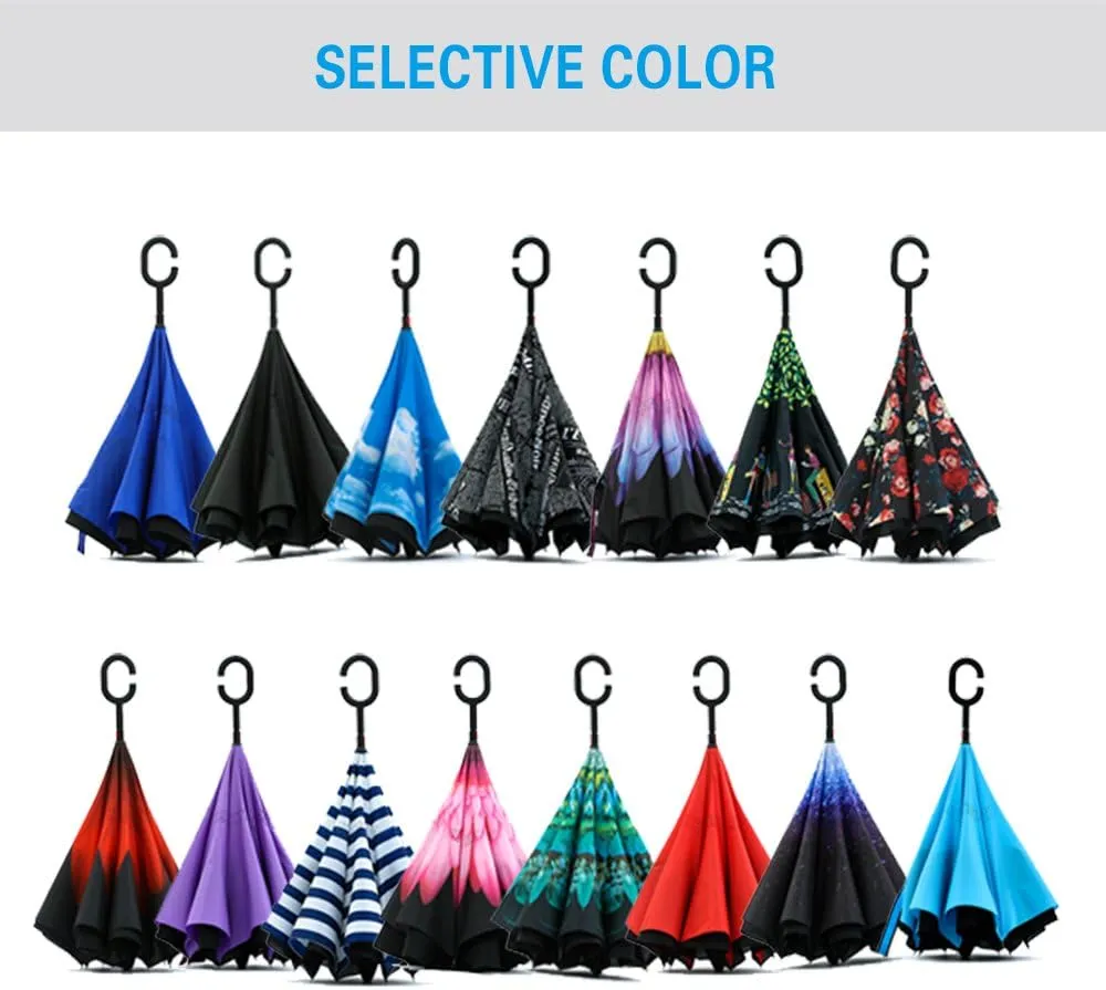 SIEPASA 49/56 Inch Inverted Reverse Upside Down Umbrella, Extra Large Double Canopy Vented Windproof Waterproof Stick Golf Umbrellas with C-shape Handle.