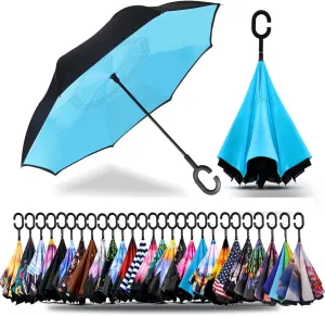 SIEPASA 49/56 Inch Inverted Reverse Upside Down Umbrella, Extra Large Double Canopy Vented Windproof Waterproof Stick Golf Umbrellas with C-shape Handle.