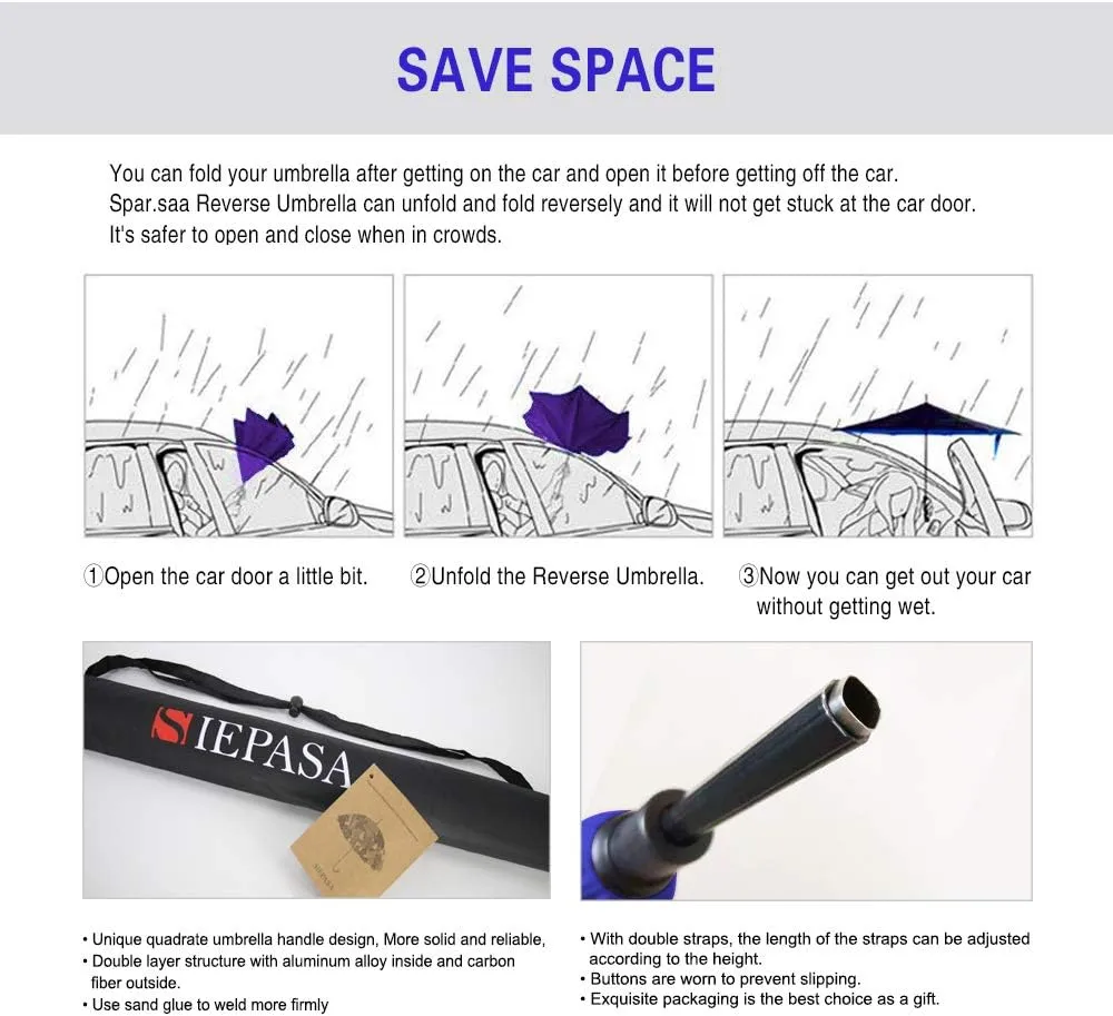 SIEPASA 49/56 Inch Inverted Reverse Upside Down Umbrella, Extra Large Double Canopy Vented Windproof Waterproof Stick Golf Umbrellas with C-shape Handle.