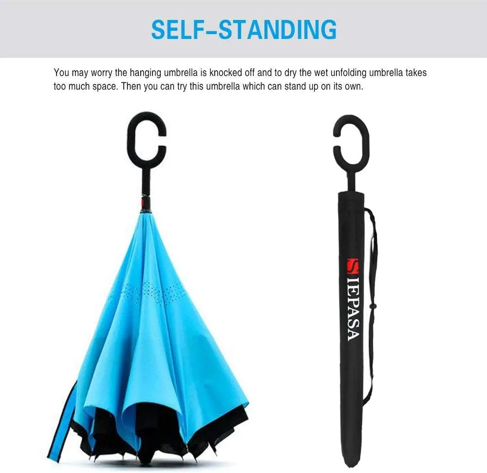 SIEPASA 49/56 Inch Inverted Reverse Upside Down Umbrella, Extra Large Double Canopy Vented Windproof Waterproof Stick Golf Umbrellas with C-shape Handle.