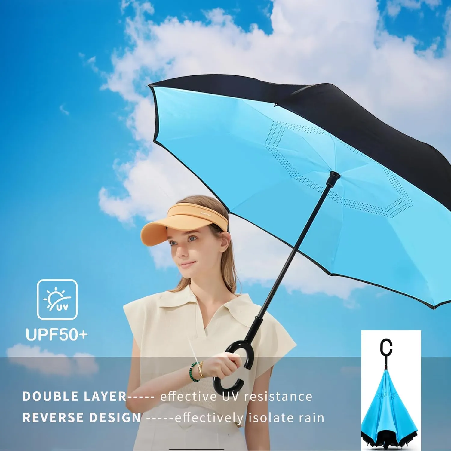 SIEPASA 49/56 Inch Inverted Reverse Upside Down Umbrella, Extra Large Double Canopy Vented Windproof Waterproof Stick Golf Umbrellas with C-shape Handle.