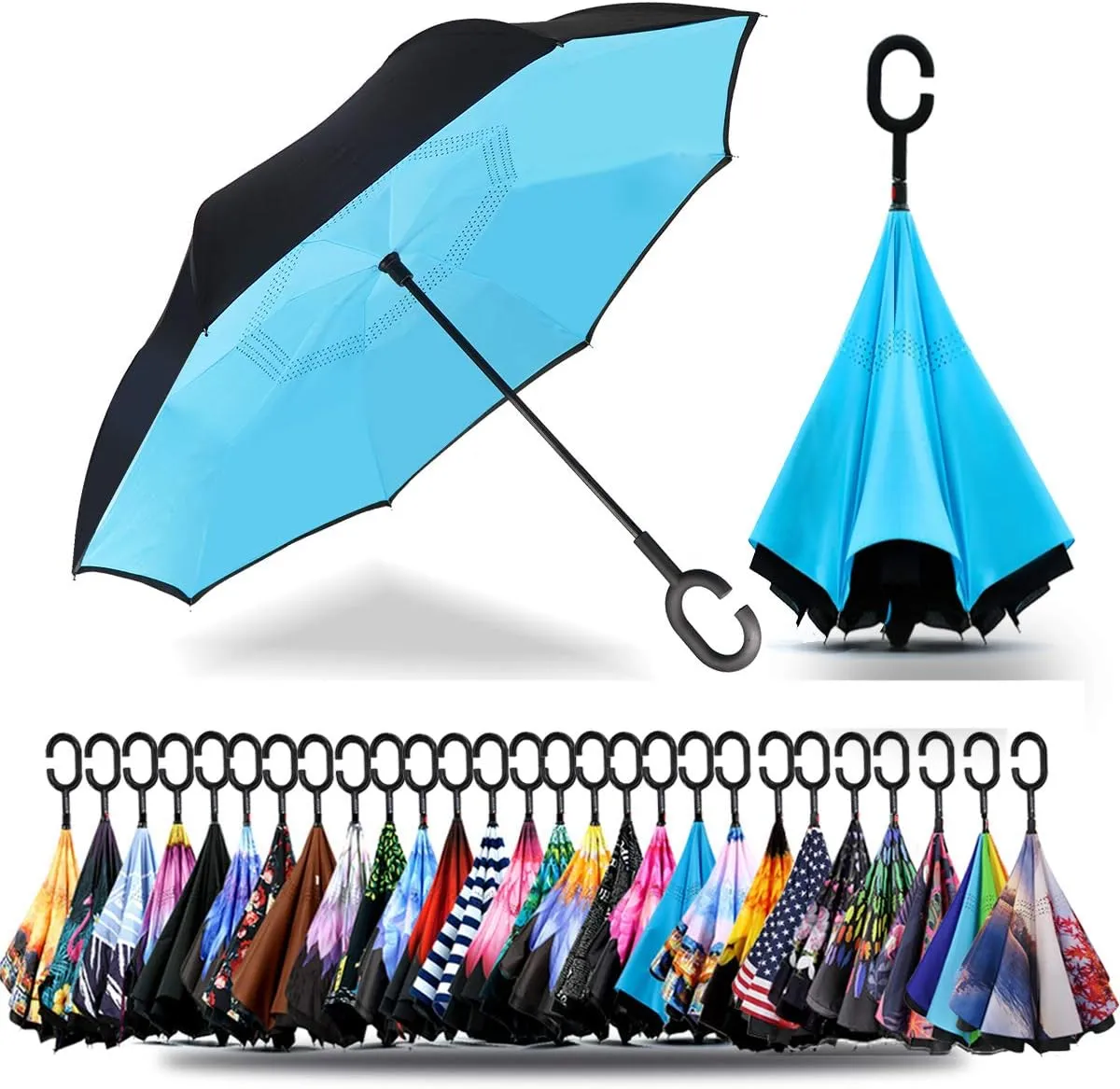 SIEPASA 49/56 Inch Inverted Reverse Upside Down Umbrella, Extra Large Double Canopy Vented Windproof Waterproof Stick Golf Umbrellas with C-shape Handle.