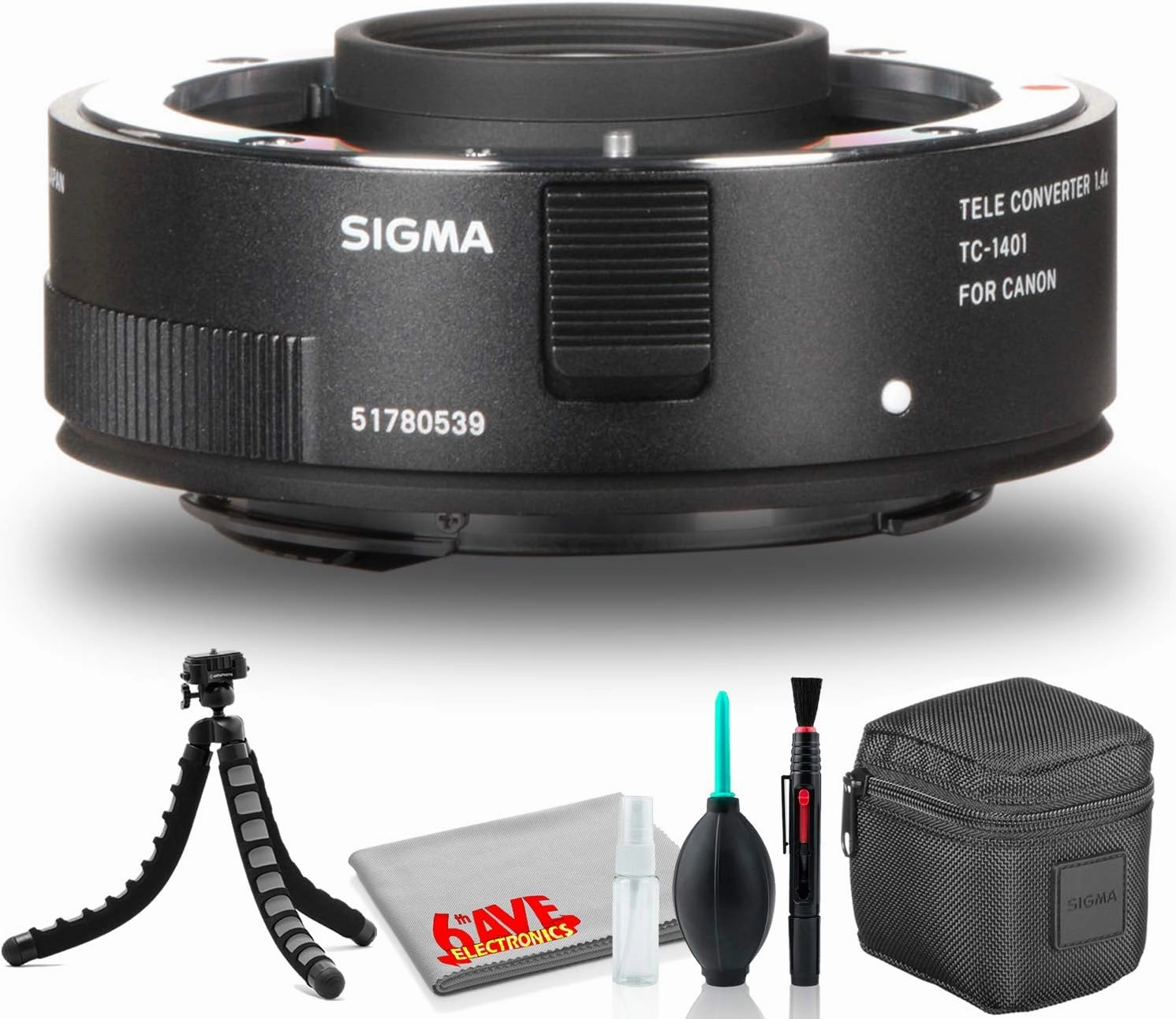 Sigma TC-1401 1.4X Teleconverter for Canon EF Bundle Includes Flexible Tripod, Soft Carry Case, and 6Ave Cleaning Kit