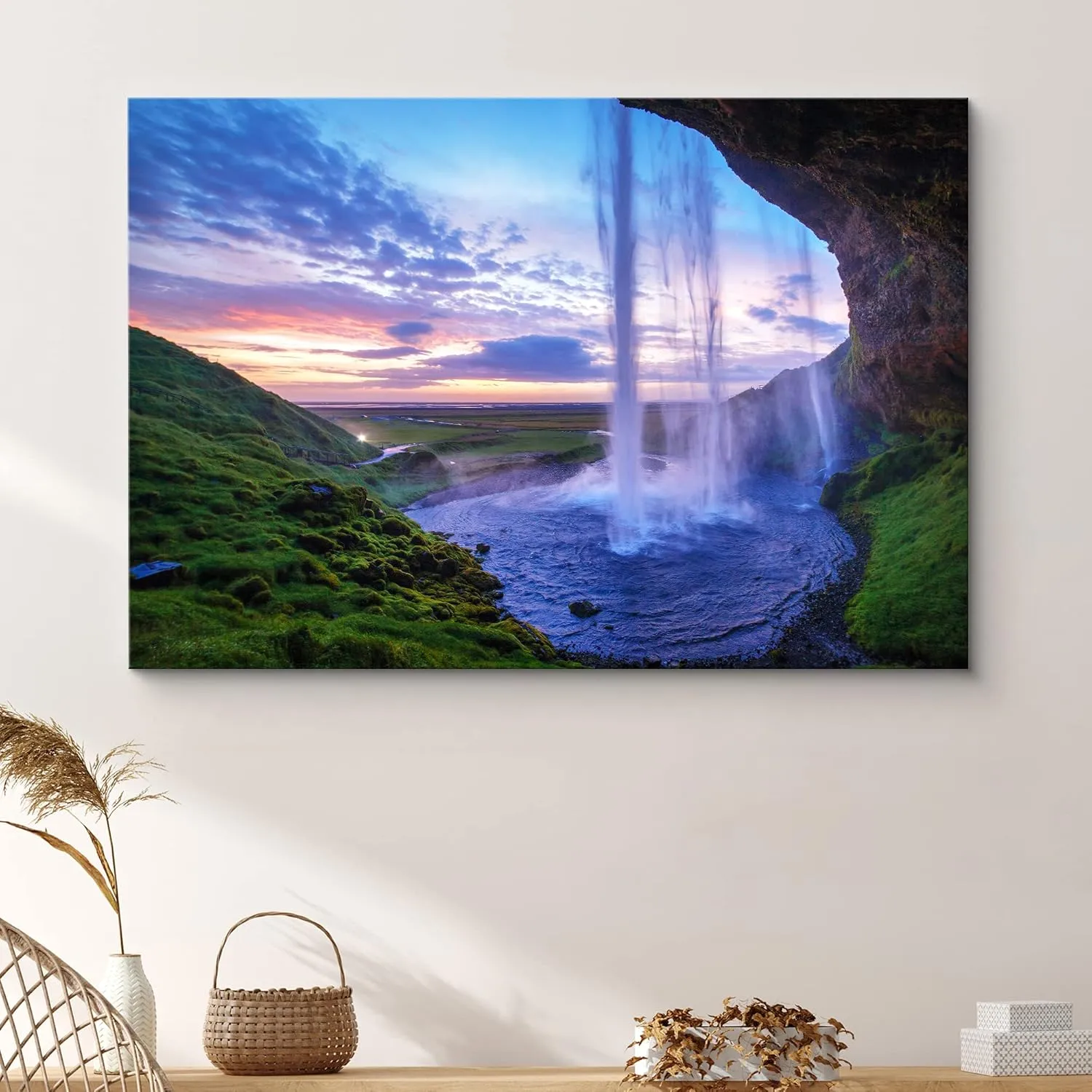 SIGNFORD Canvas Print Wall Art Waterfall Pool at Sunset Nature Wilderness Photography Realism Rustic Landscape Colorful Multicolor Ultra for Living Room, Bedroom, Office - 24"x36"
