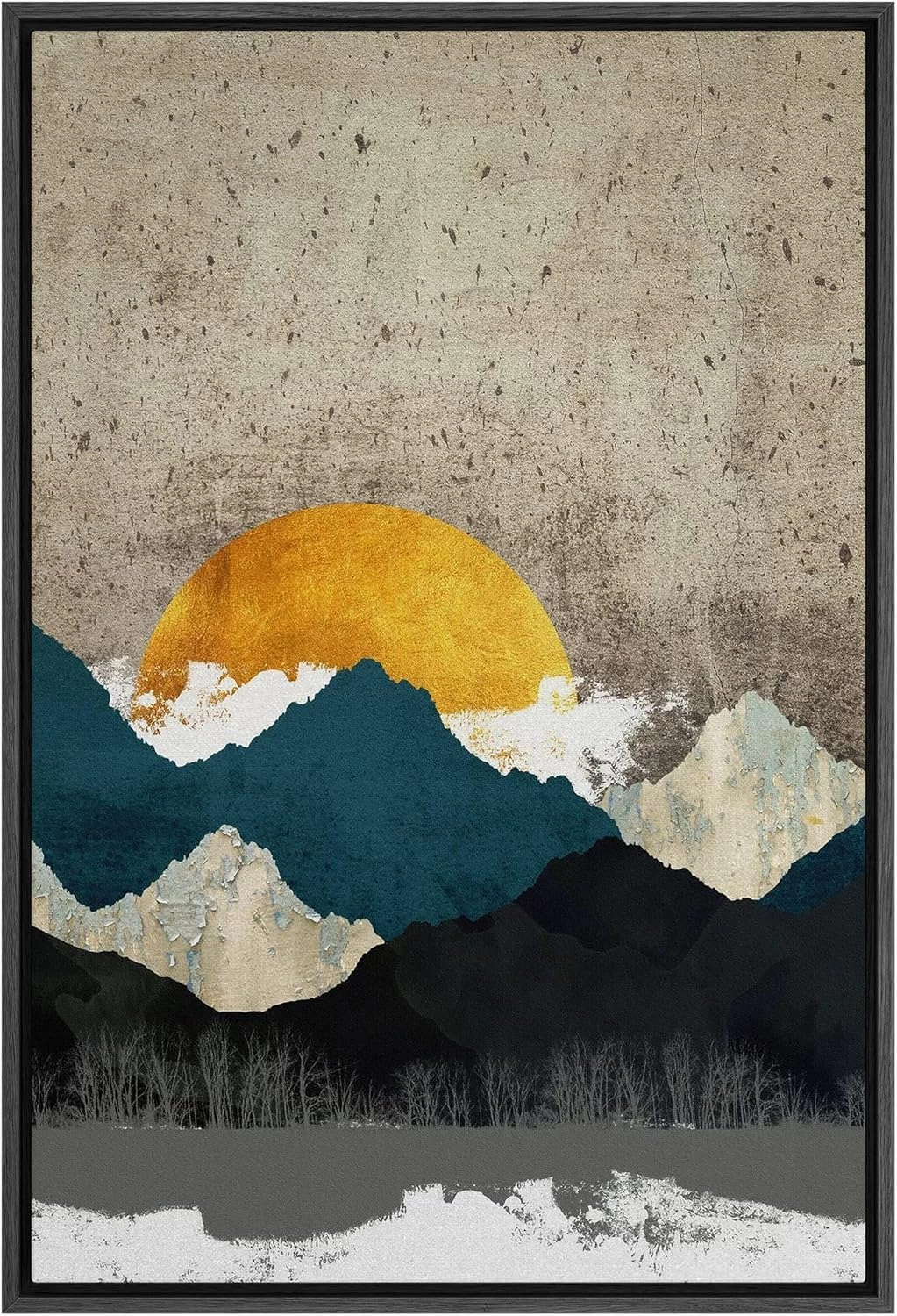 SIGNFORD Canvas Print Wall Art Teal Gold Mountain Range Sunrise Nature Abstract Illustrations Modern Art Farmhouse/Country Landscape Zen Colorful for Living Room, Bedroom, Office - 16"x24" Black