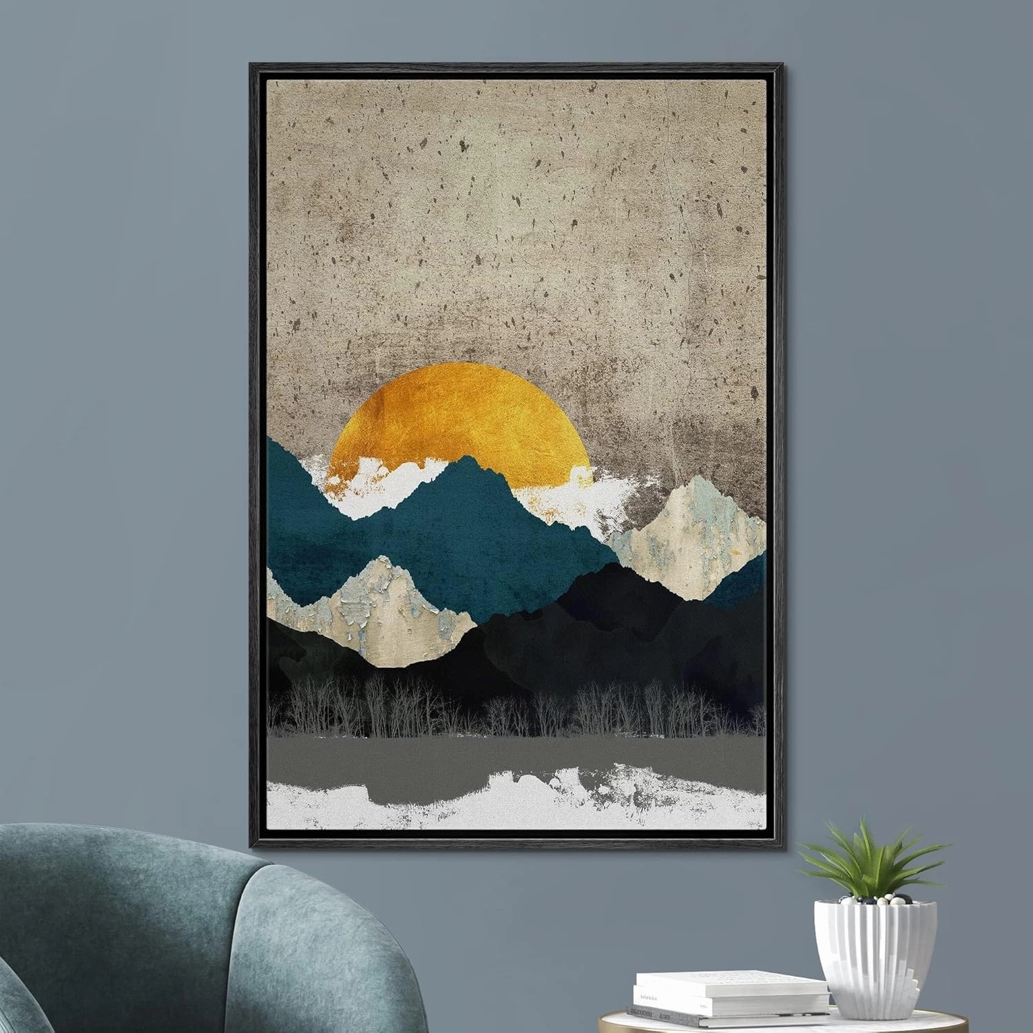 SIGNFORD Canvas Print Wall Art Teal Gold Mountain Range Sunrise Nature Abstract Illustrations Modern Art Farmhouse/Country Landscape Zen Colorful for Living Room, Bedroom, Office - 24"x36" Black