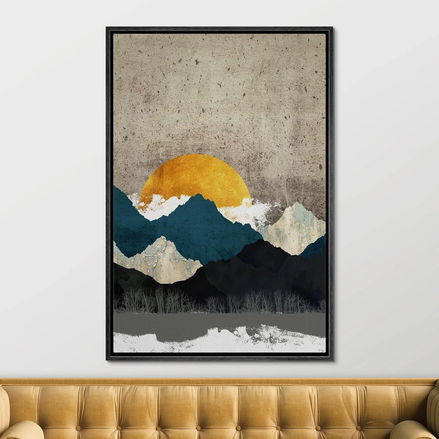 SIGNFORD Canvas Print Wall Art Teal Gold Mountain Range Sunrise Nature Abstract Illustrations Modern Art Farmhouse/Country Landscape Zen Colorful for Living Room, Bedroom, Office - 24"x36" Black