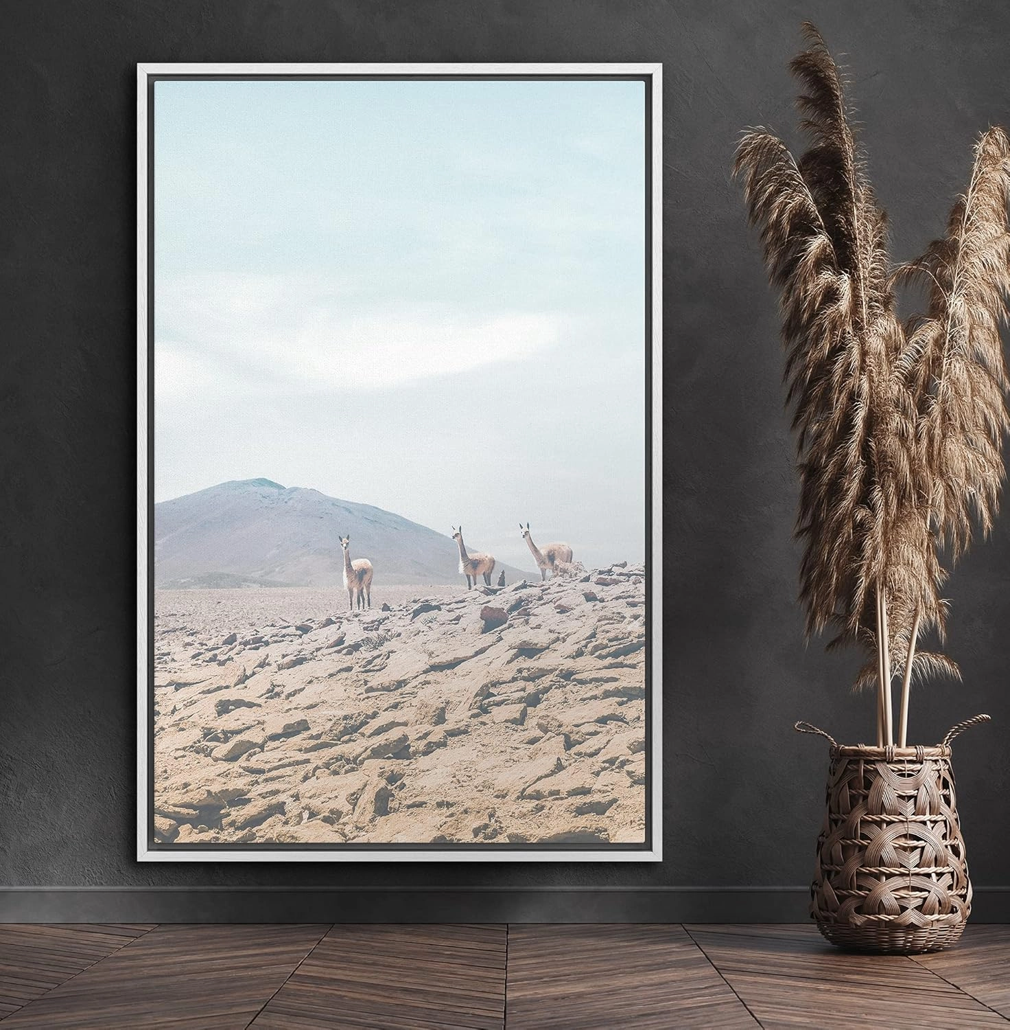 SIGNFORD Framed Canvas Print Wall Art Arabian Desert Landscape with Camel Trio Places Wilderness Photography Realism Southwest Scenic Colorful for Living Room, Bedroom, Office - 16x24 White