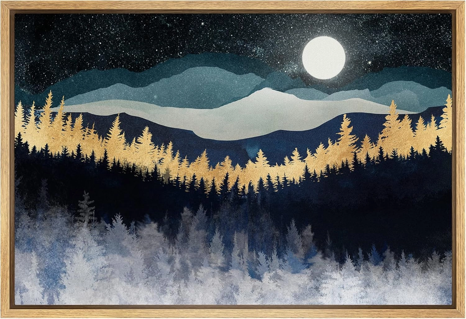 SIGNFORD Framed Canvas Print Wall Art Gold Blue Moonlight Mountain Forest Nature Wilderness Illustrations Modern Art Rustic Zen Landscape Colorful for Living Room, Bedroom, Office - 24"x36" Natural