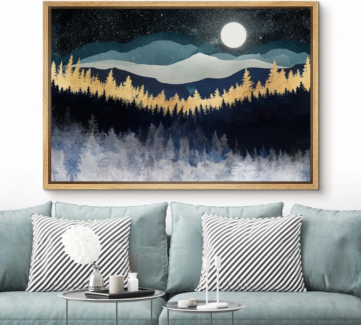 SIGNFORD Framed Canvas Print Wall Art Gold Blue Moonlight Mountain Forest Nature Wilderness Illustrations Modern Art Rustic Zen Landscape Colorful for Living Room, Bedroom, Office - 24"x36" Natural