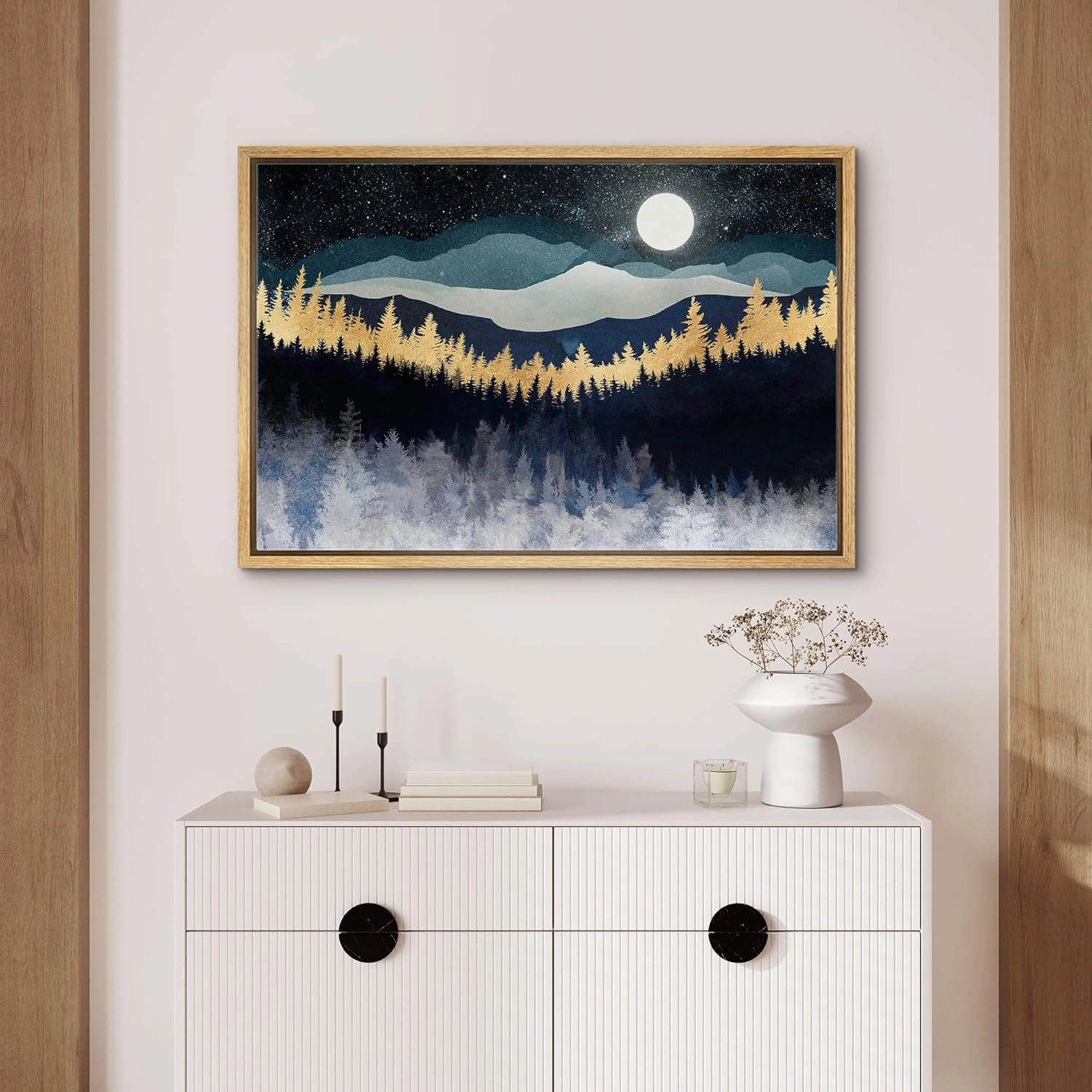 SIGNFORD Framed Canvas Print Wall Art Gold Blue Moonlight Mountain Forest Nature Wilderness Illustrations Modern Art Rustic Zen Landscape Colorful for Living Room, Bedroom, Office - 24"x36" Natural